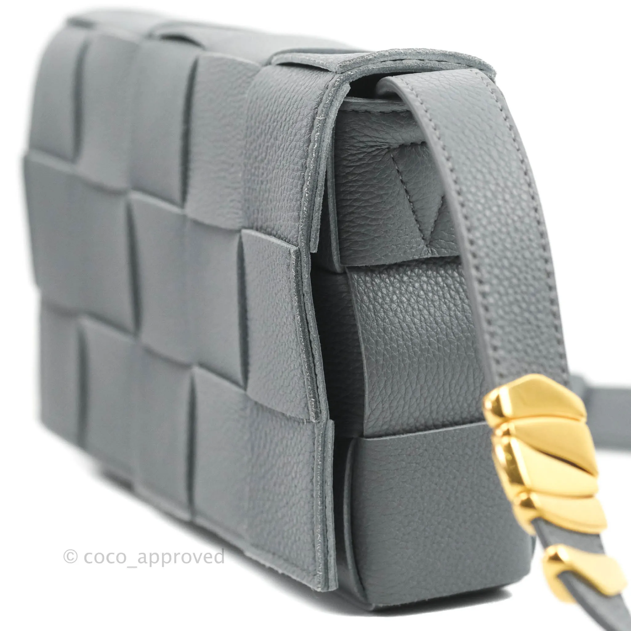 Bottega Veneta Cassette Shoulder Bag Intreccio Thunder Grey Grained Calfskin Gold Hardware