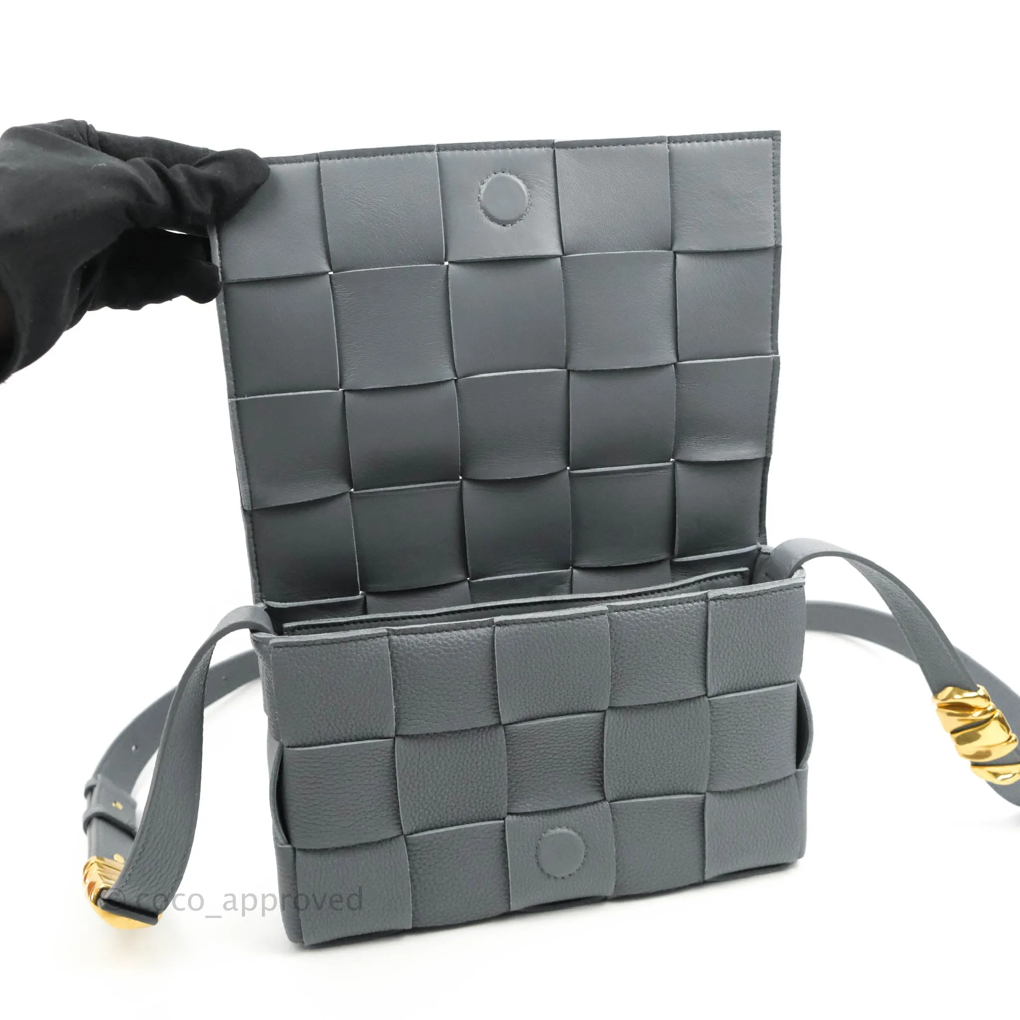 Bottega Veneta Cassette Shoulder Bag Intreccio Thunder Grey Grained Calfskin Gold Hardware