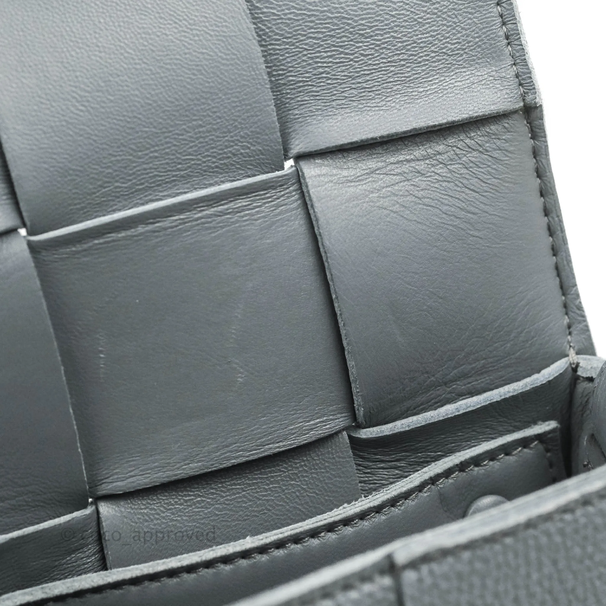 Bottega Veneta Cassette Shoulder Bag Intreccio Thunder Grey Grained Calfskin Gold Hardware
