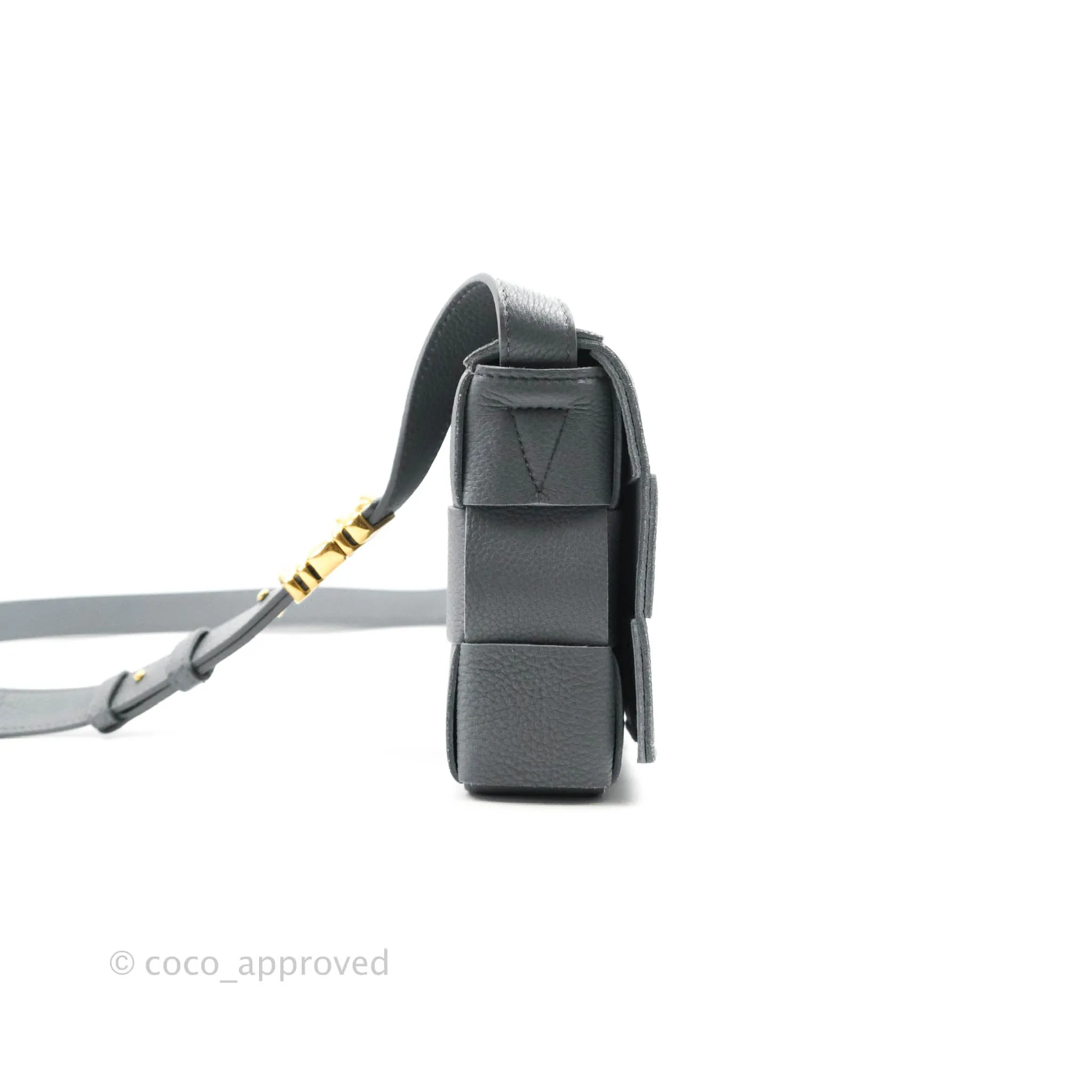 Bottega Veneta Cassette Shoulder Bag Intreccio Thunder Grey Grained Calfskin Gold Hardware