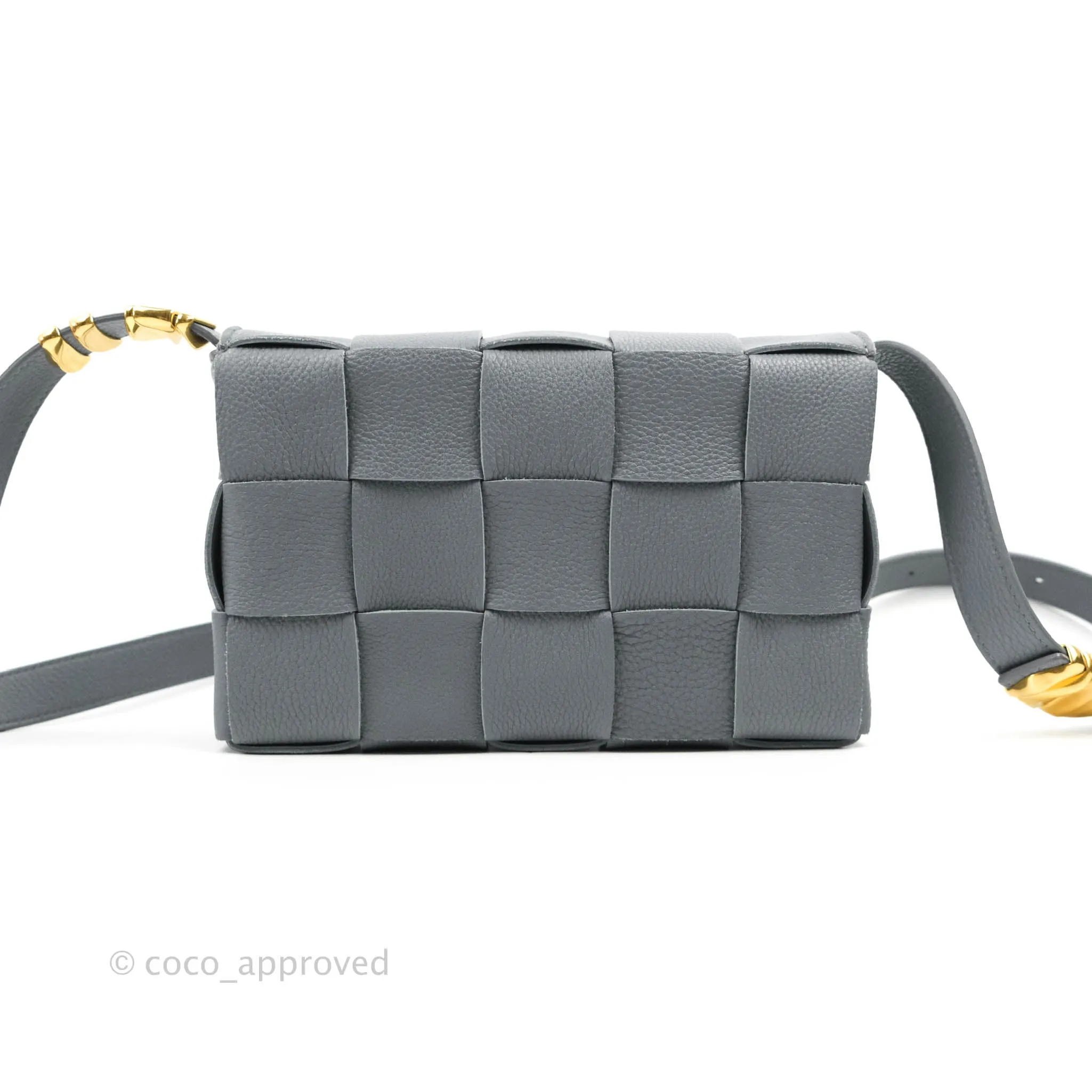Bottega Veneta Cassette Shoulder Bag Intreccio Thunder Grey Grained Calfskin Gold Hardware