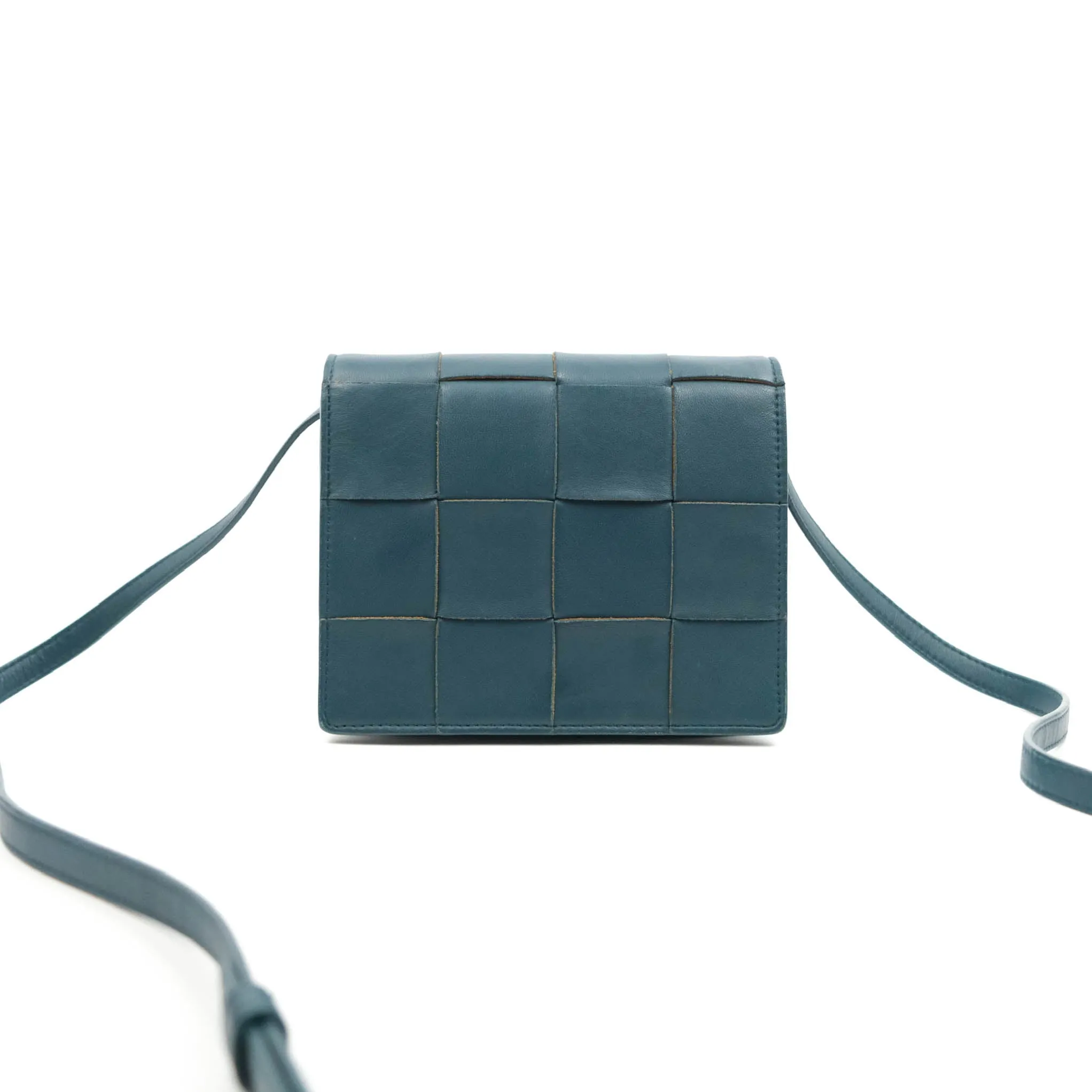 Bottega Veneta Maxi Intrecciato Mini Cassette Crossbody Bag Petrol Blue Lambskin