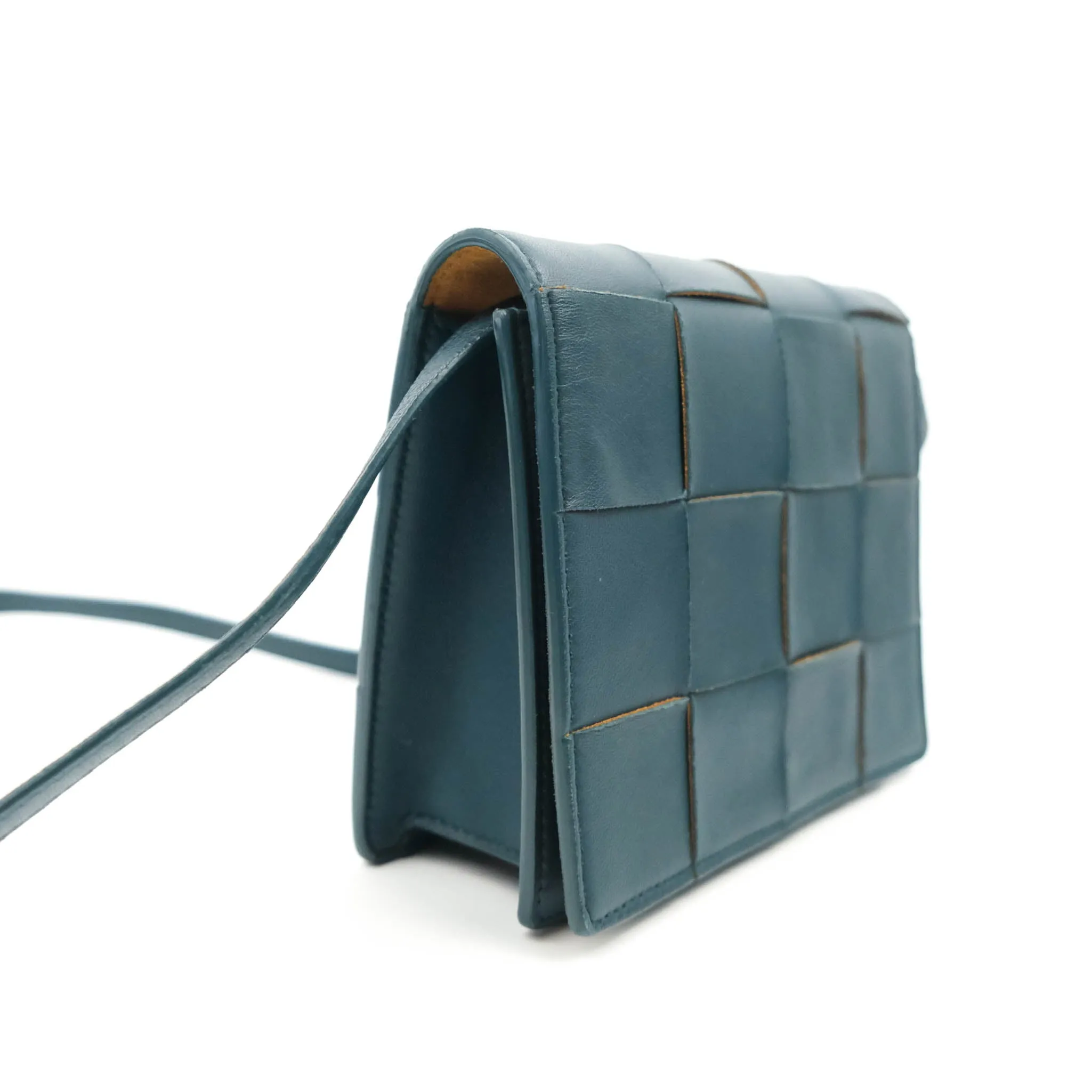 Bottega Veneta Maxi Intrecciato Mini Cassette Crossbody Bag Petrol Blue Lambskin