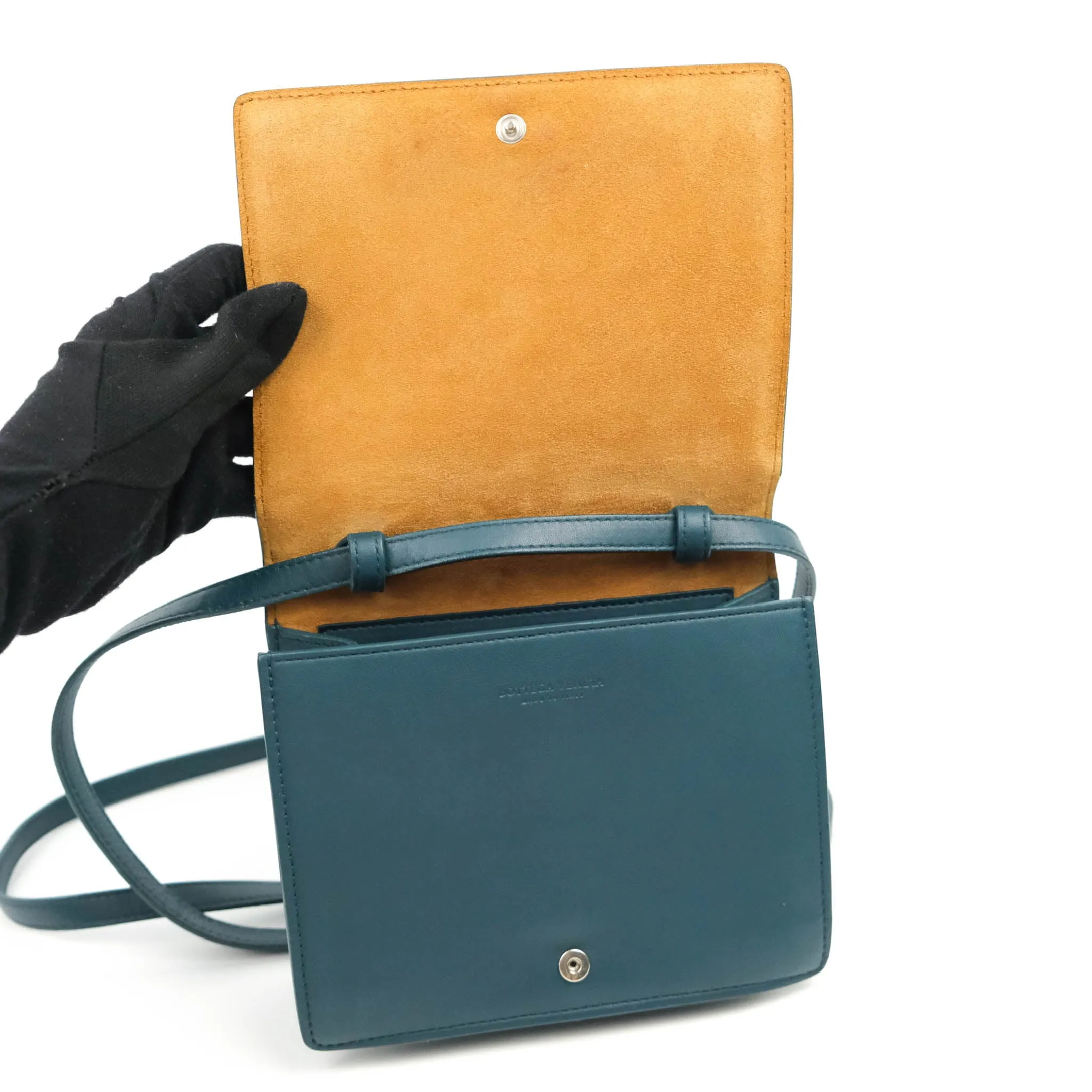 Bottega Veneta Maxi Intrecciato Mini Cassette Crossbody Bag Petrol Blue Lambskin
