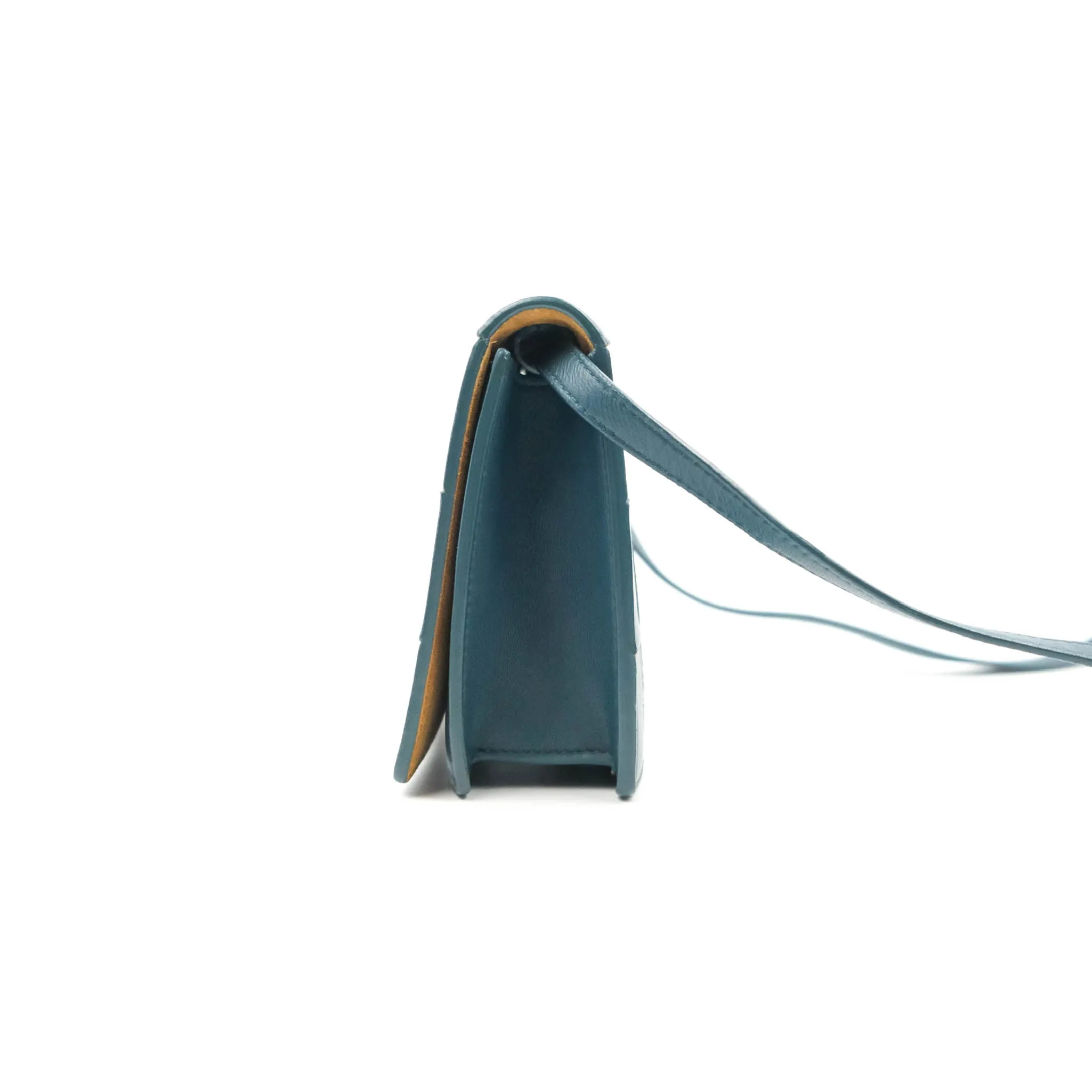 Bottega Veneta Maxi Intrecciato Mini Cassette Crossbody Bag Petrol Blue Lambskin