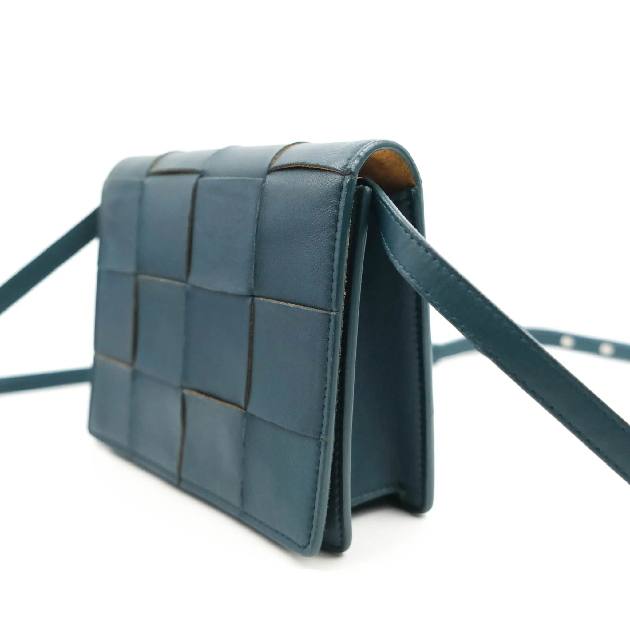 Bottega Veneta Maxi Intrecciato Mini Cassette Crossbody Bag Petrol Blue Lambskin