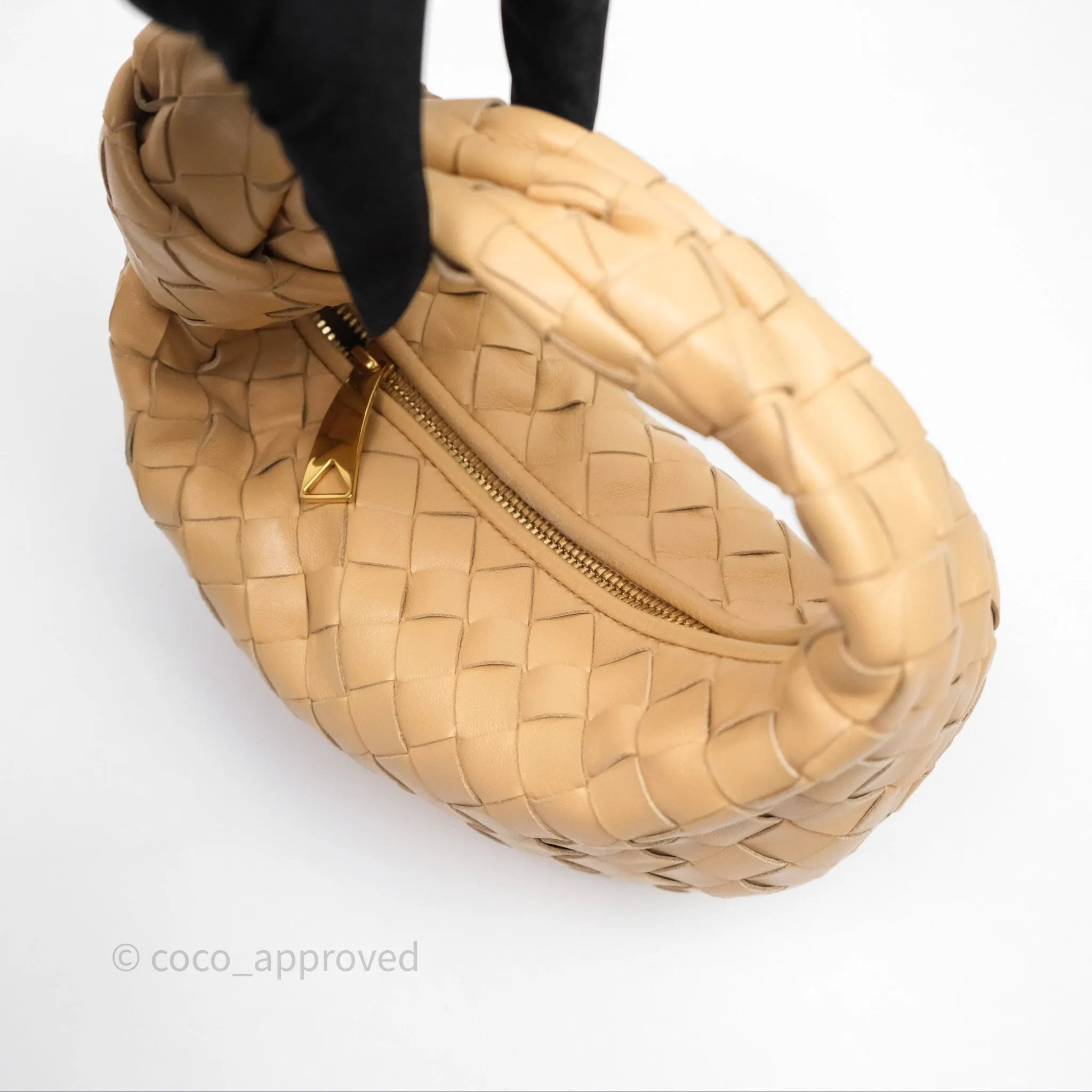 Bottega Veneta Mini Jodie Clutch Bag Intrecciato Almond Lambskin Gold Hardware