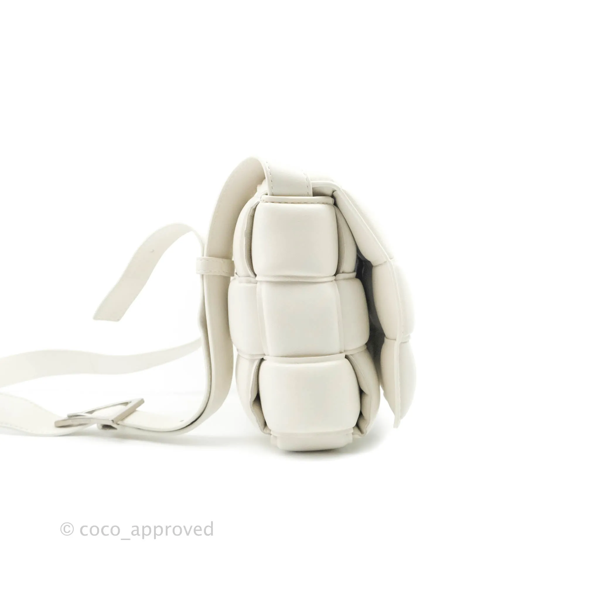 Bottega Veneta Padded Cassette Shoulder Bag Intrecciato White Lambskin Silver Hardware