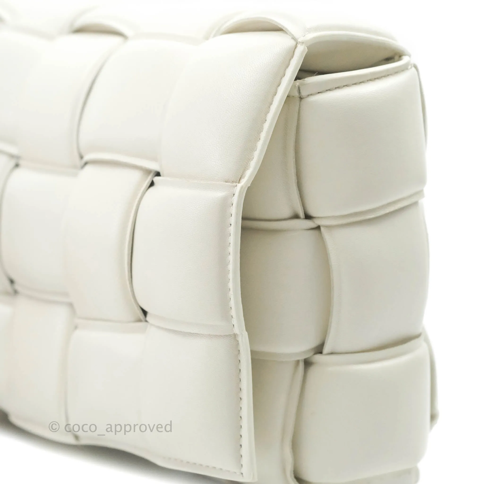 Bottega Veneta Padded Cassette Shoulder Bag Intrecciato White Lambskin Silver Hardware
