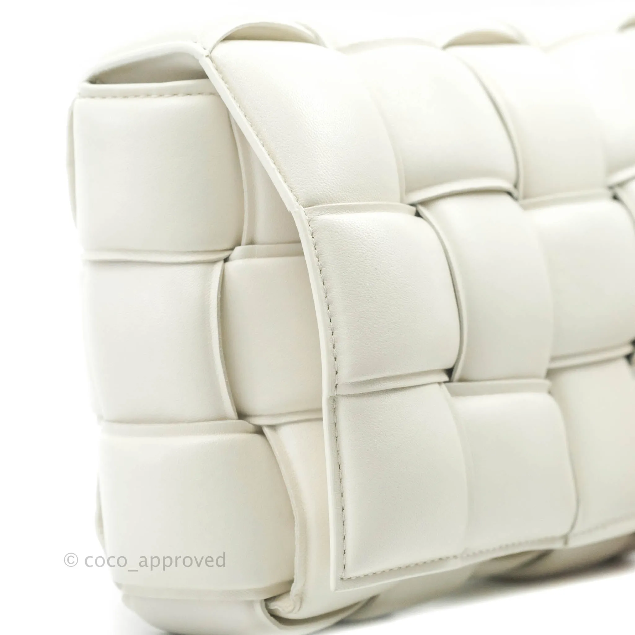 Bottega Veneta Padded Cassette Shoulder Bag Intrecciato White Lambskin Silver Hardware