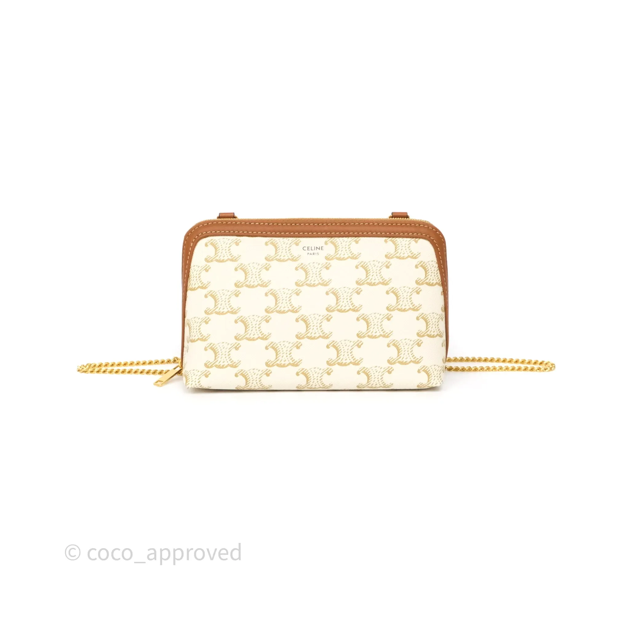 Celine Clutch With Chain Triomphe Canvas Lambskin White/Tan