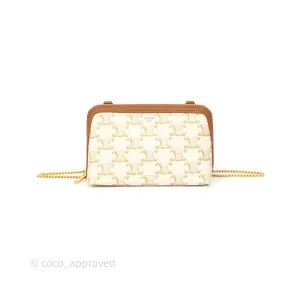Celine Clutch With Chain Triomphe Canvas Lambskin White/Tan