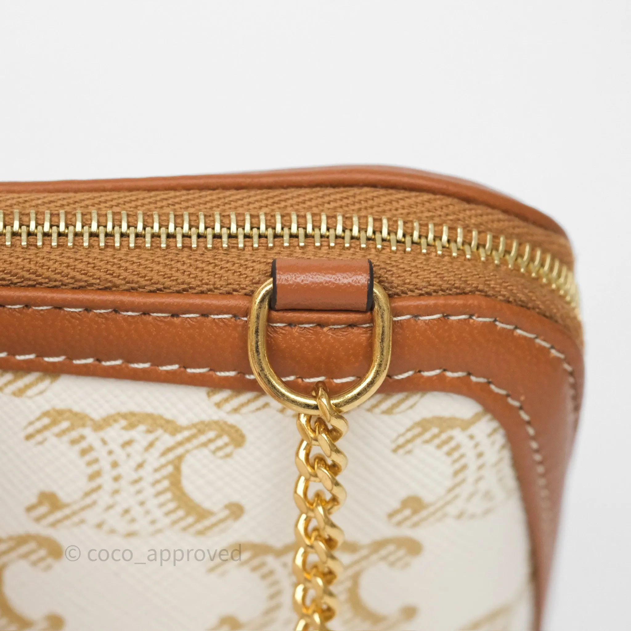 Celine Clutch With Chain Triomphe Canvas Lambskin White/Tan