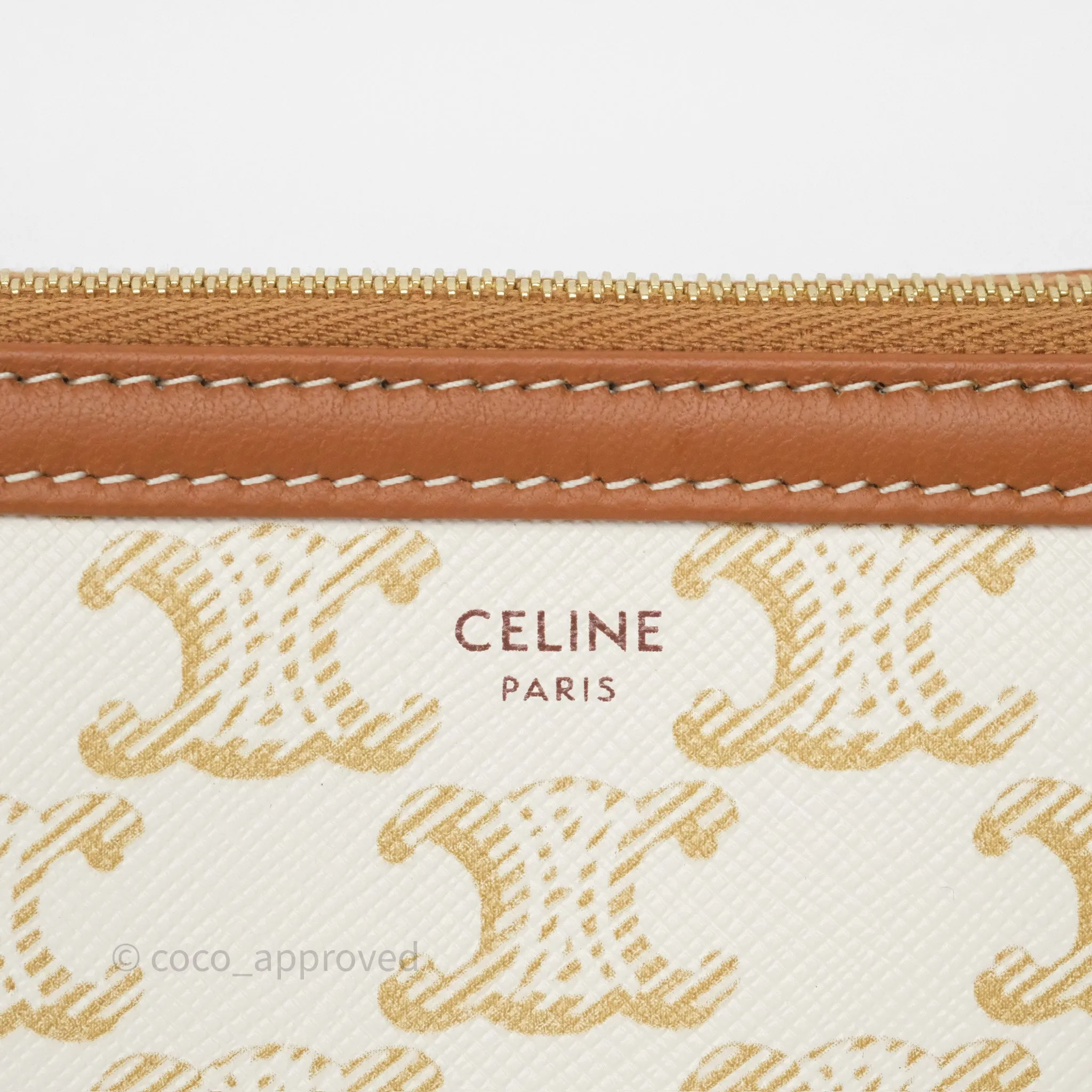 Celine Clutch With Chain Triomphe Canvas Lambskin White/Tan
