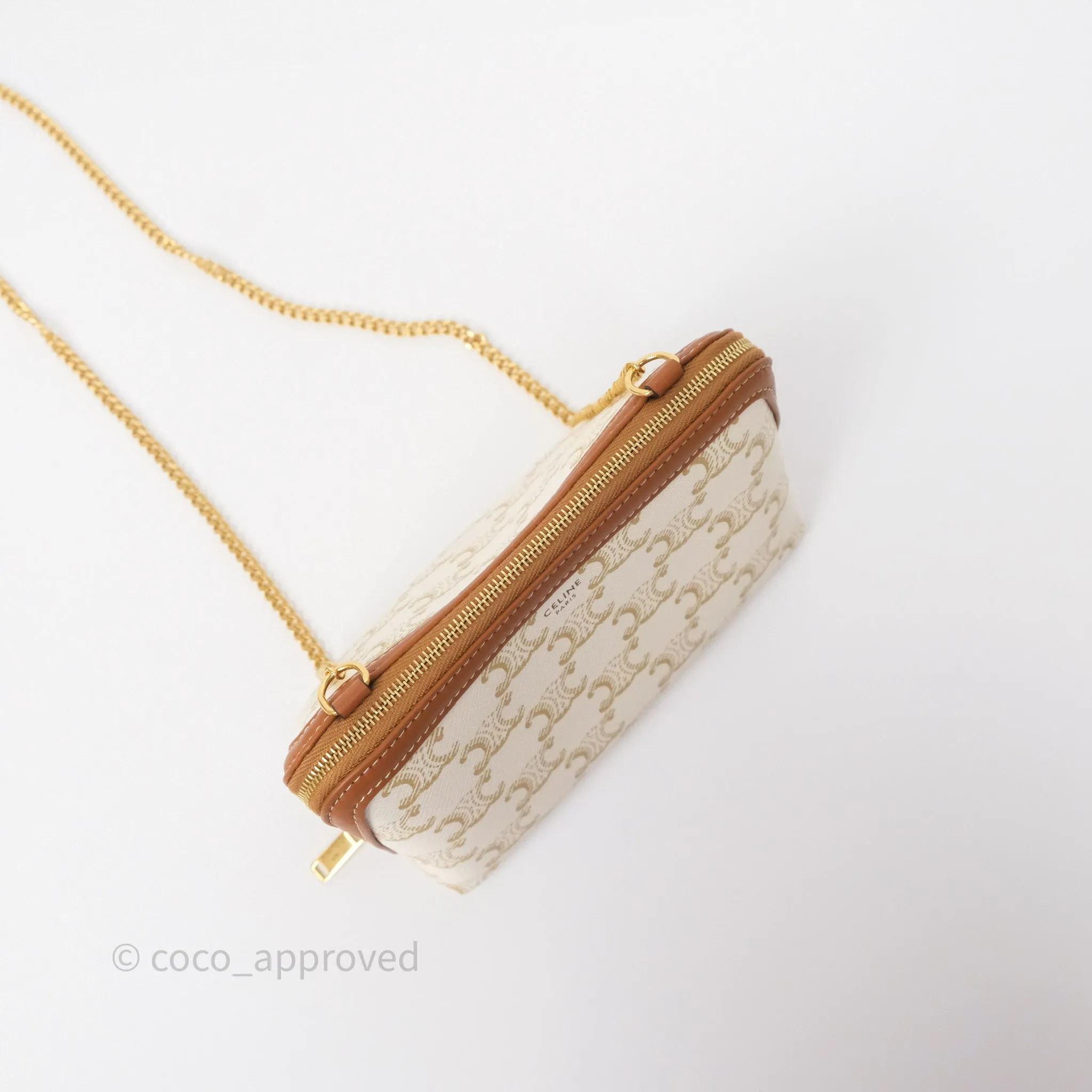 Celine Clutch With Chain Triomphe Canvas Lambskin White/Tan