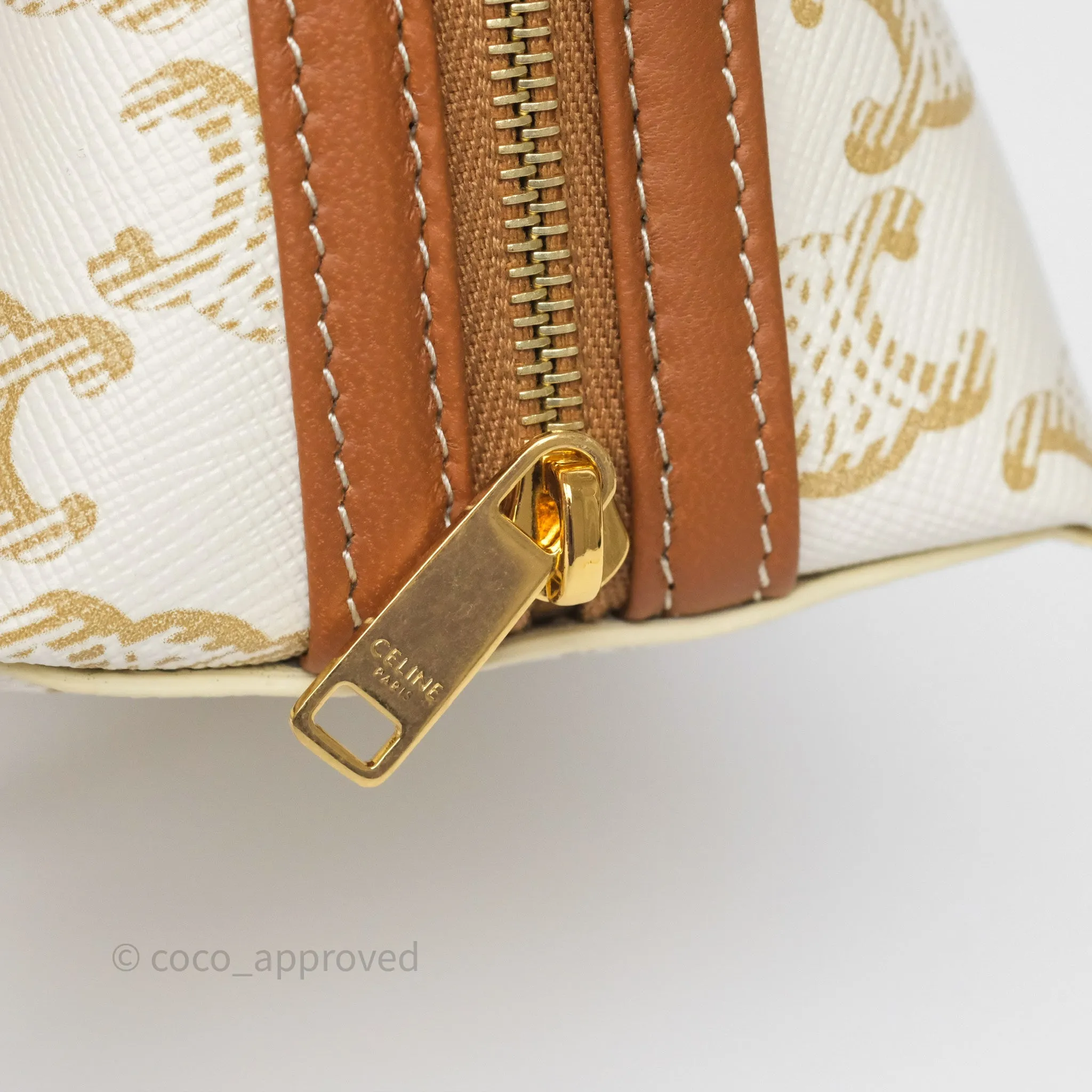 Celine Clutch With Chain Triomphe Canvas Lambskin White/Tan