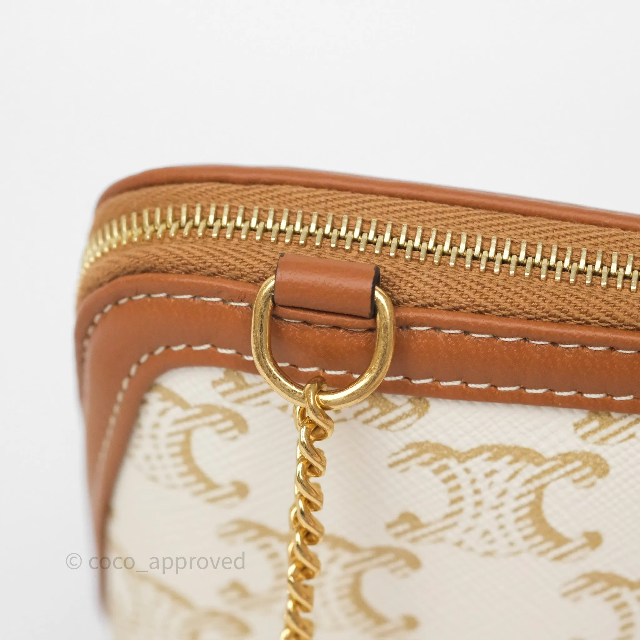 Celine Clutch With Chain Triomphe Canvas Lambskin White/Tan