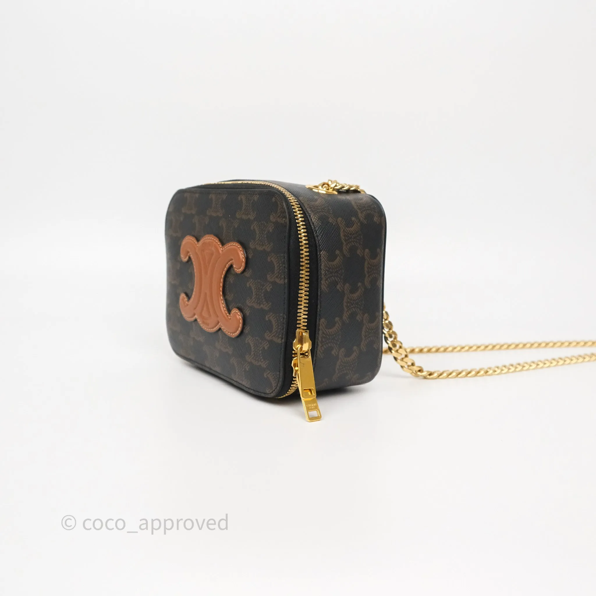 Celine Cuir Box On Chain Triomphe Canvas Tan Calfskin