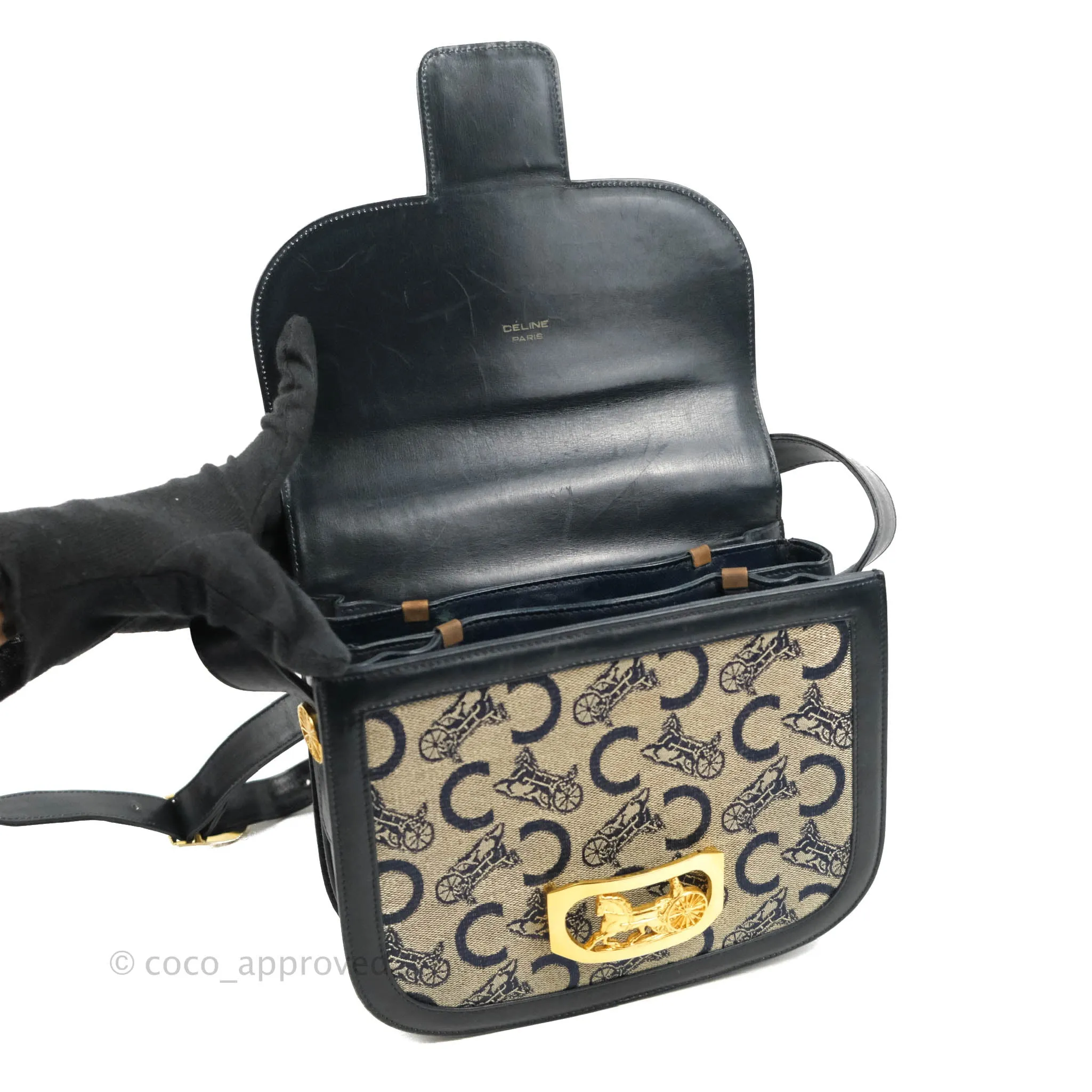 Celine Macadam Horse Carriage Bag Navy Gold Hardware