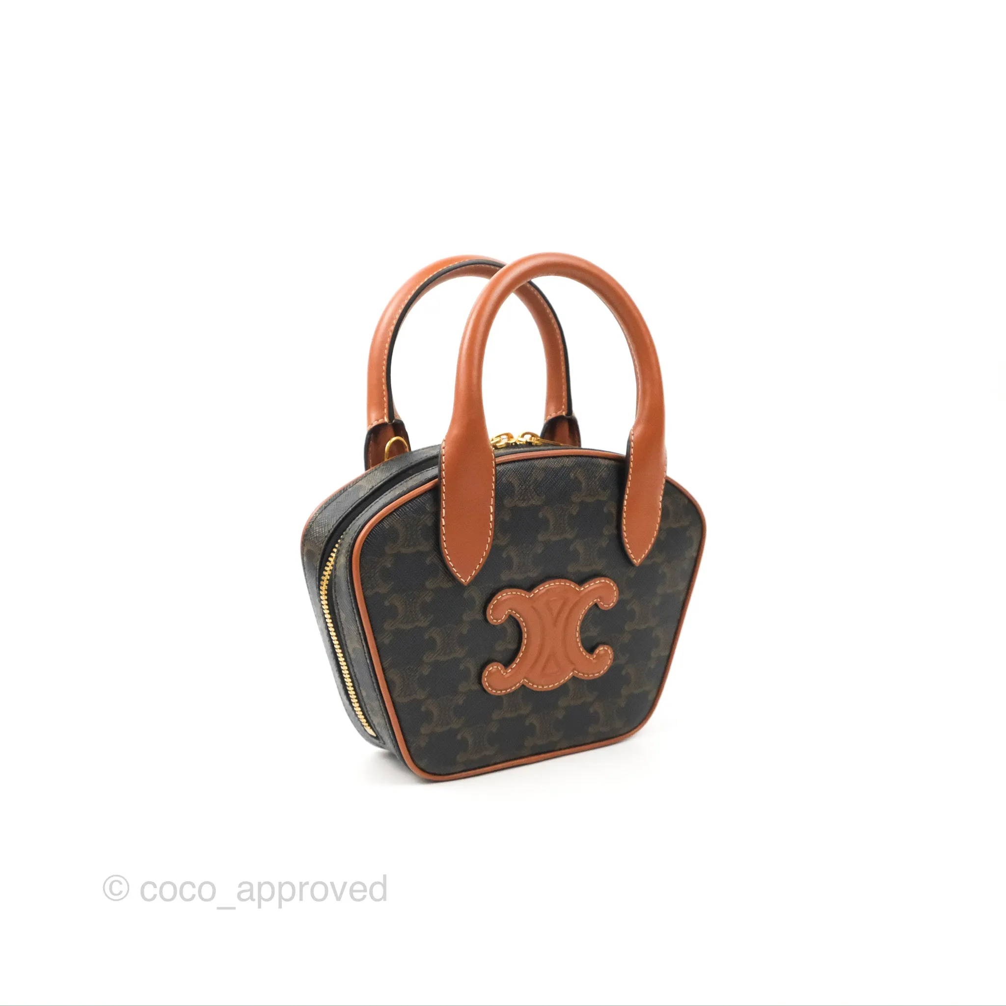 Celine Mini Bowling Bag Triomphe Canvas Tan Calfskin