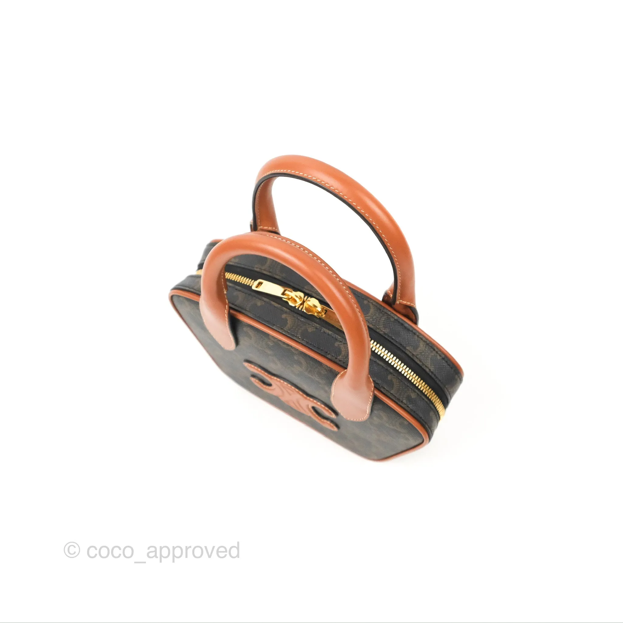 Celine Mini Bowling Bag Triomphe Canvas Tan Calfskin