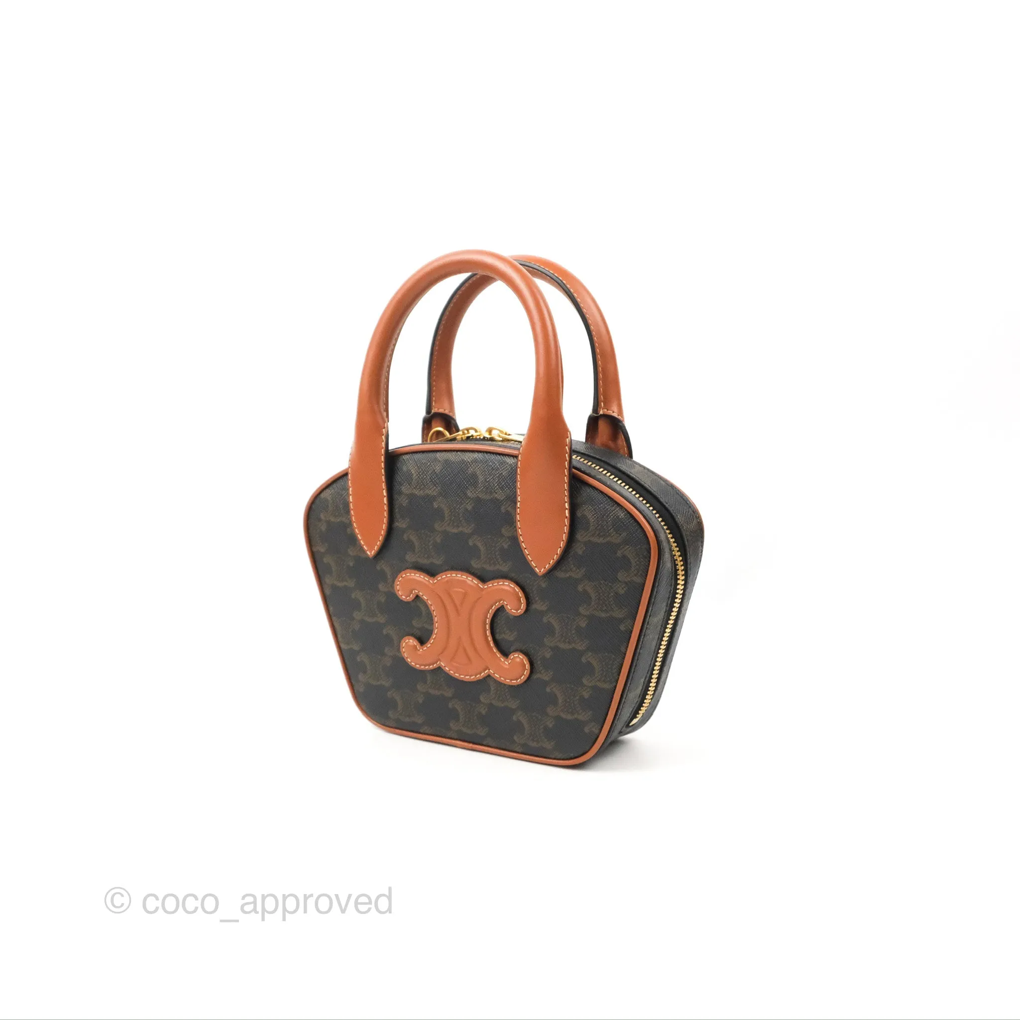 Celine Mini Bowling Bag Triomphe Canvas Tan Calfskin