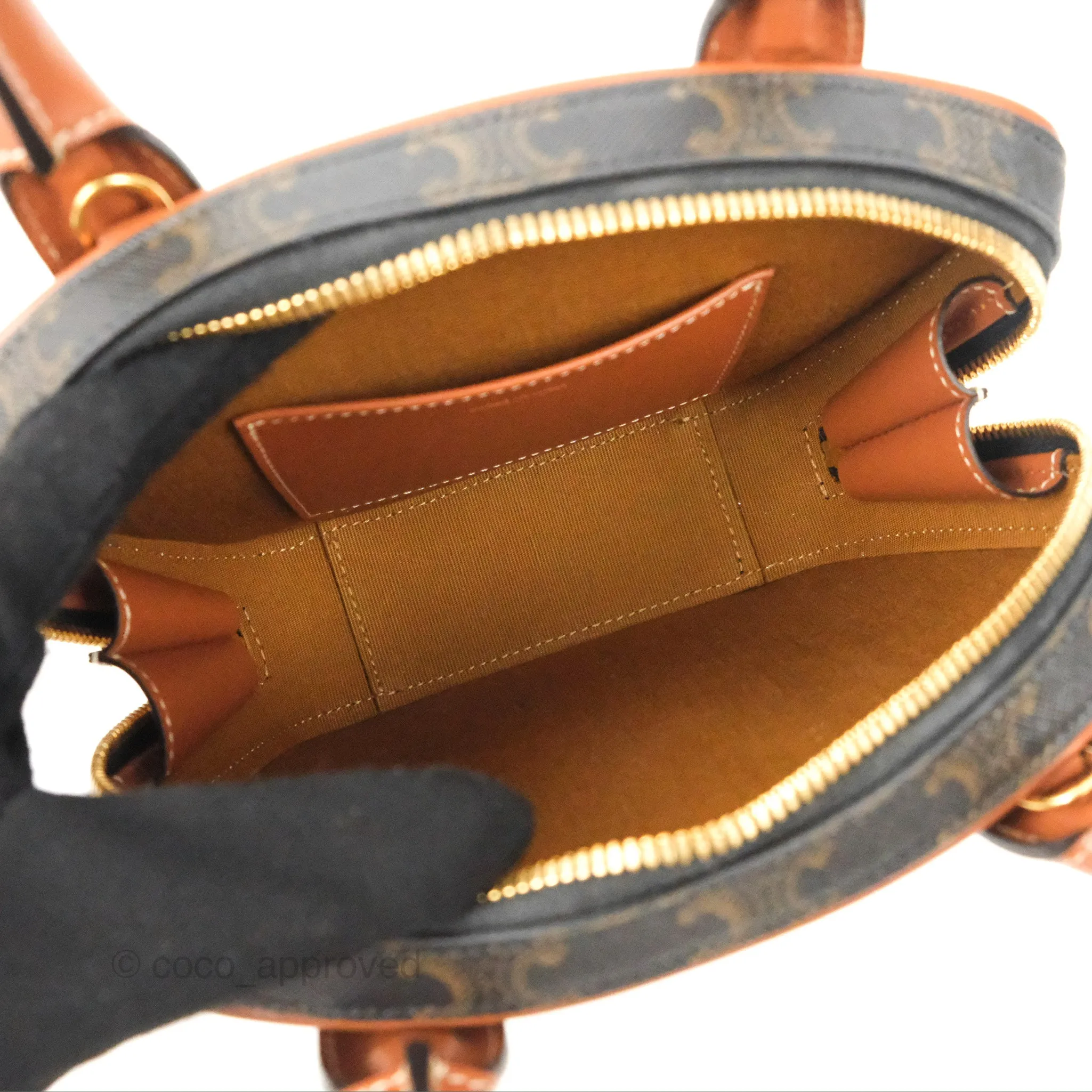 Celine Mini Bowling Bag Triomphe Canvas Tan Calfskin