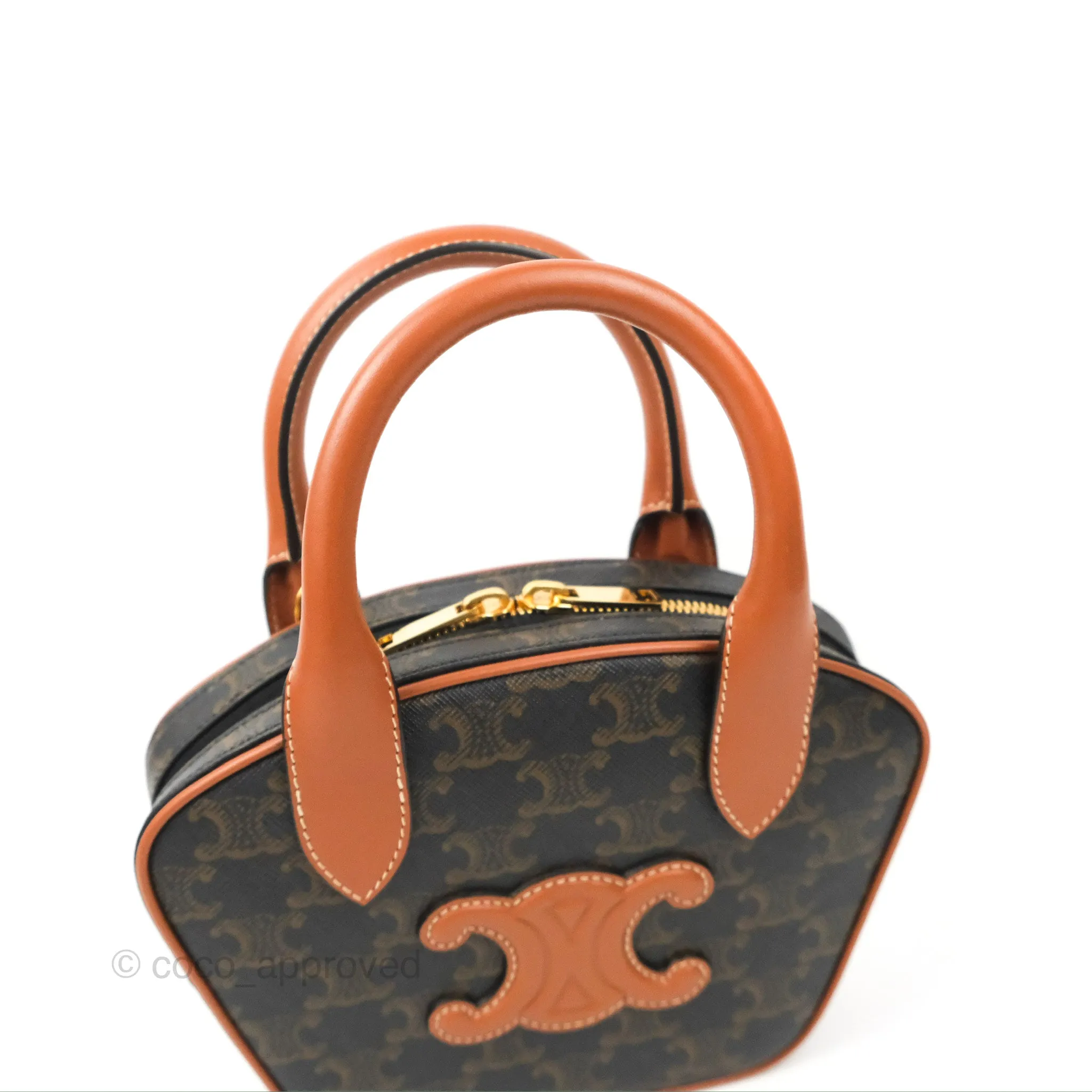 Celine Mini Bowling Bag Triomphe Canvas Tan Calfskin