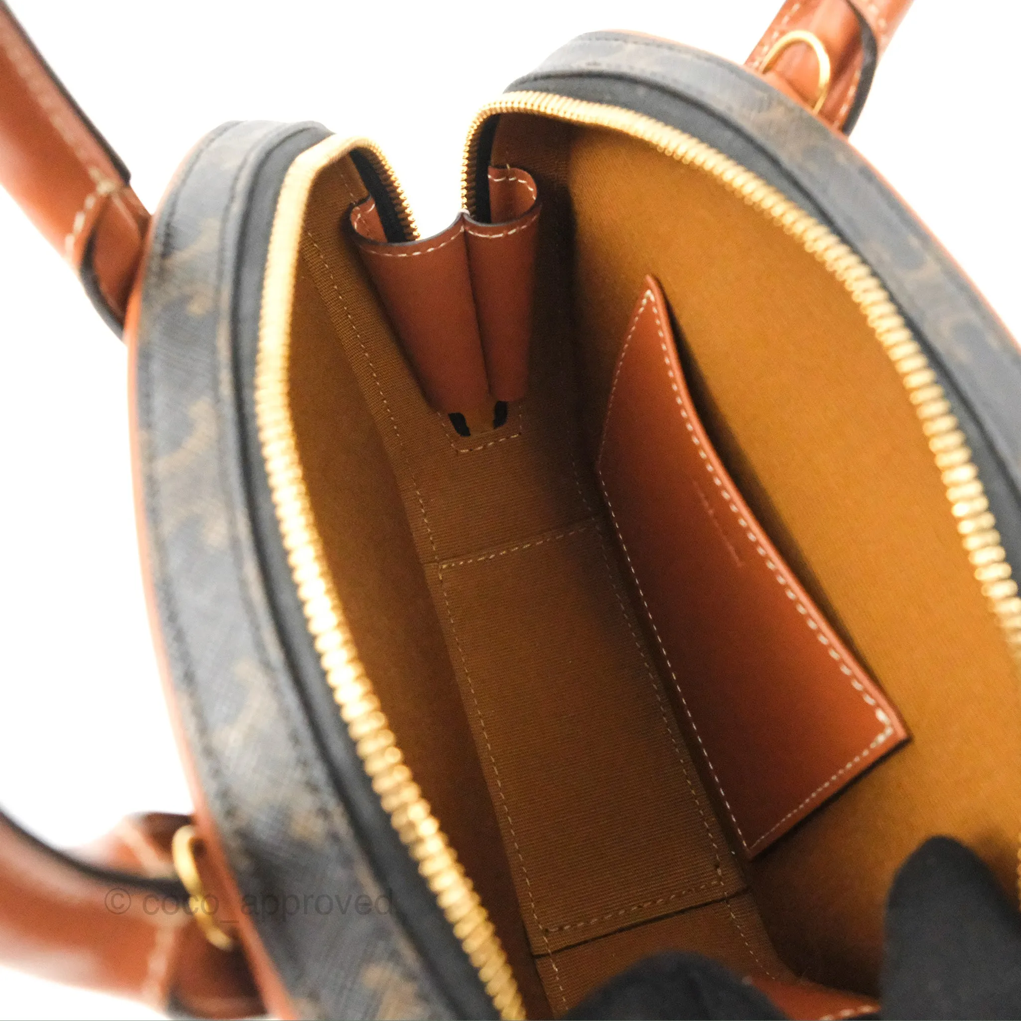 Celine Mini Bowling Bag Triomphe Canvas Tan Calfskin