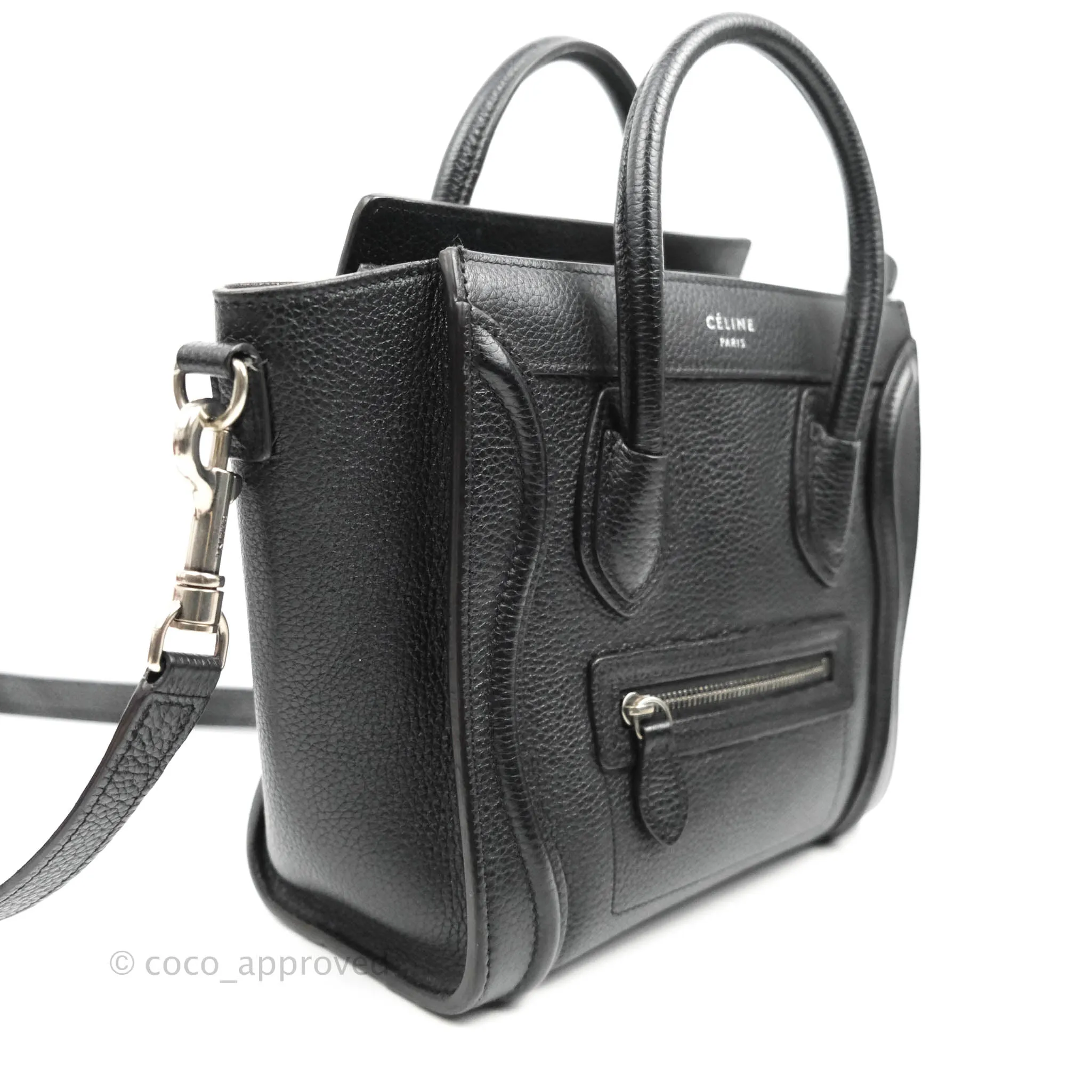 Celine Nano Luggage Black Drummed Calfskin Silver Hardware