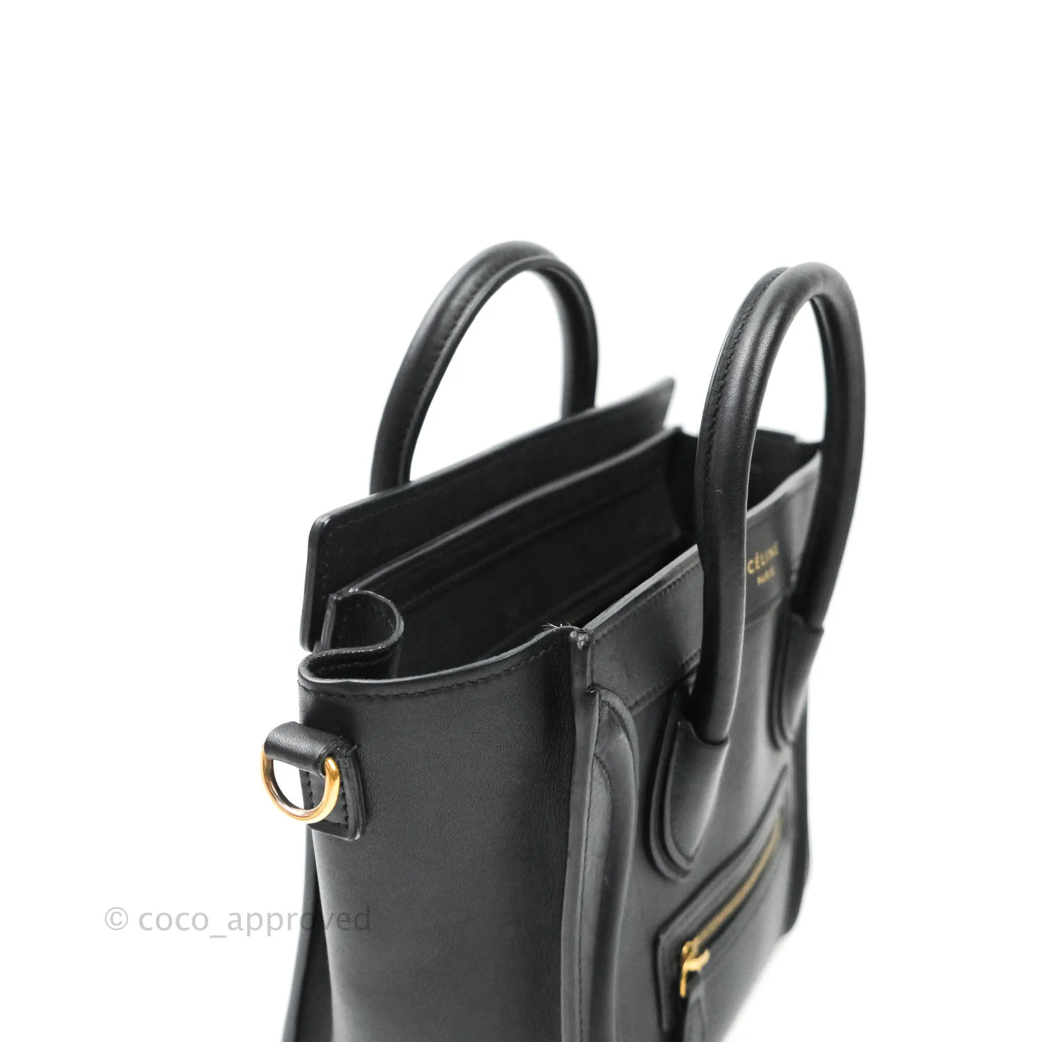 Celine Nano Luggage in Black Calfskin Antique Gold Hardware