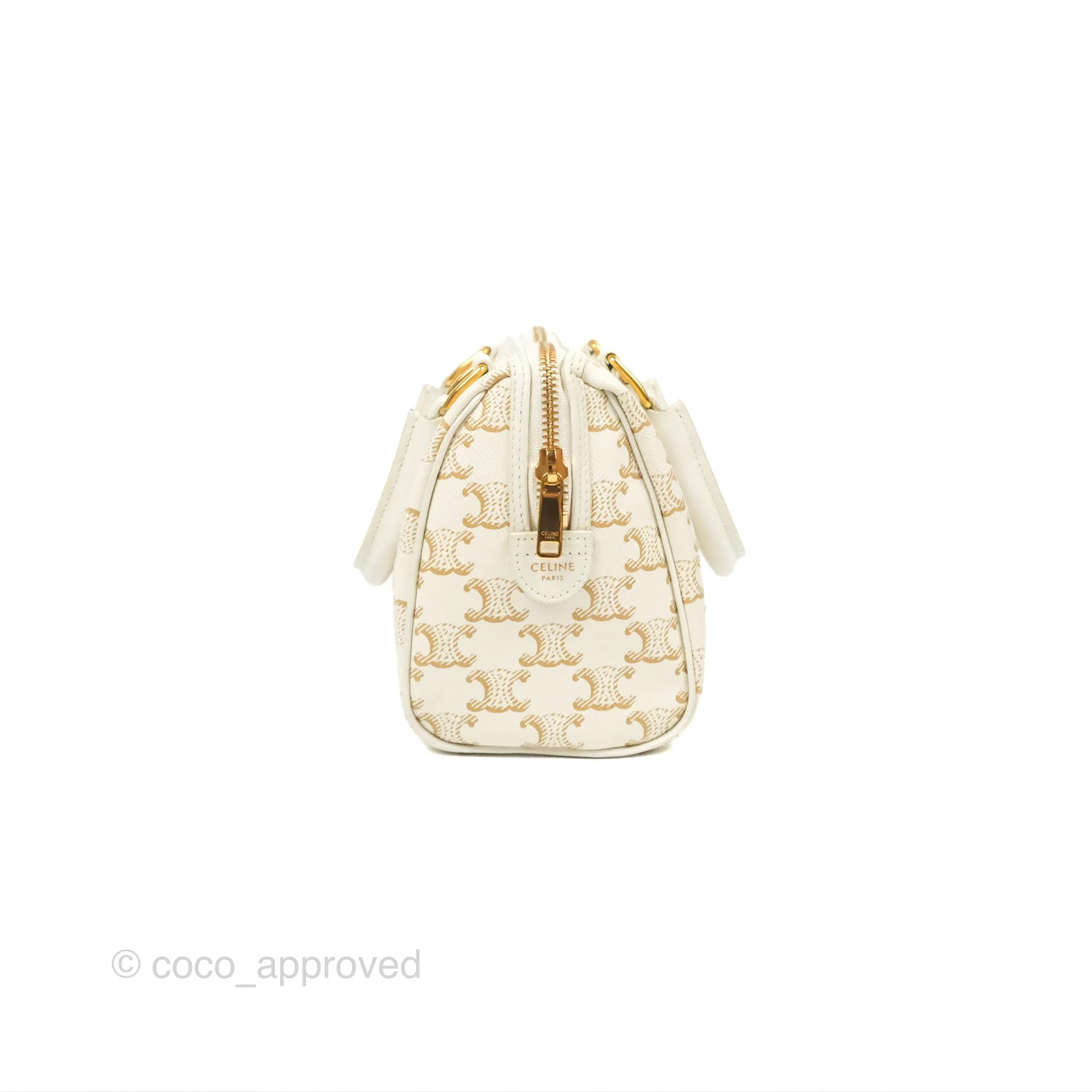 Celine Small Boston Bag White Triomphe Canvas Calfskin