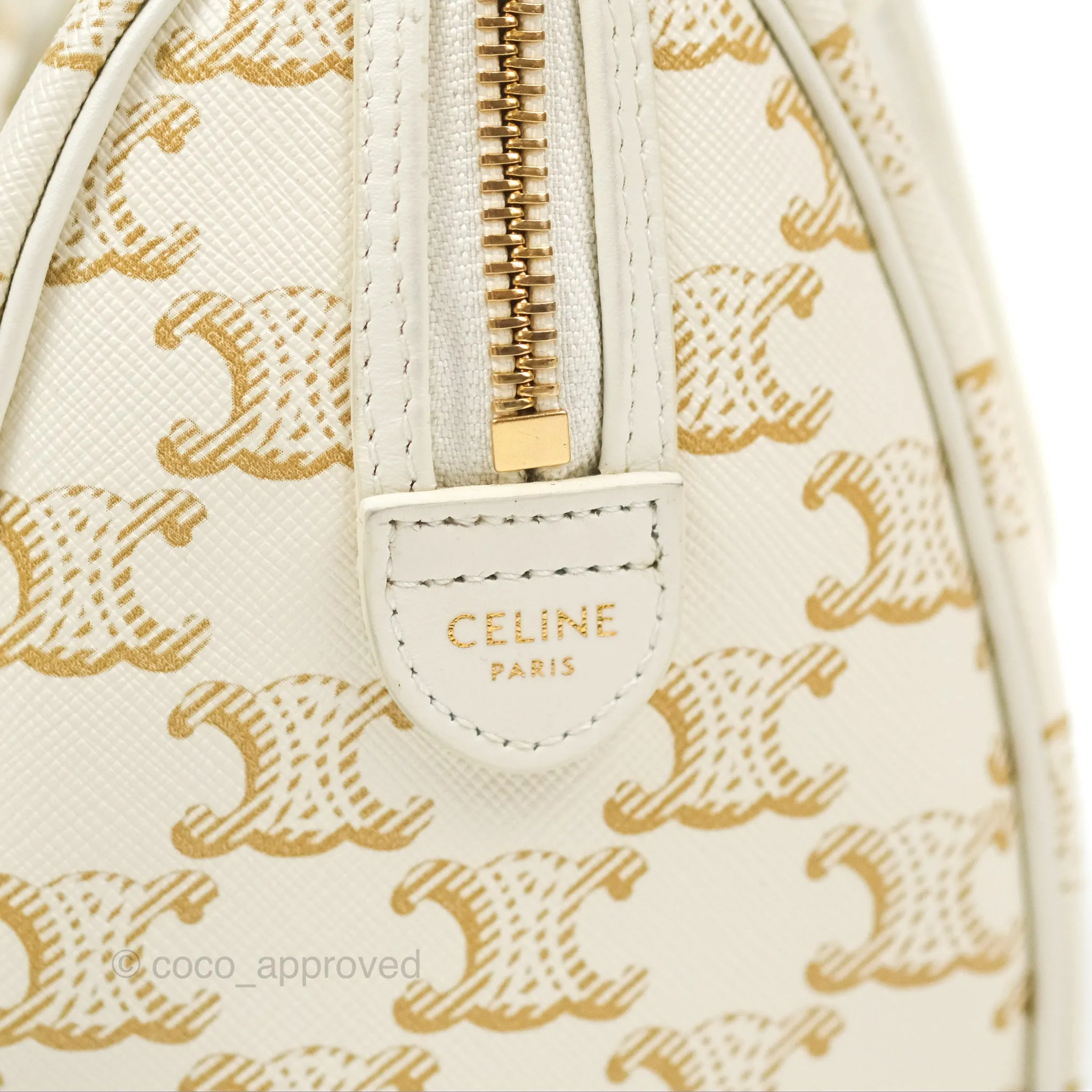 Celine Small Boston Bag White Triomphe Canvas Calfskin