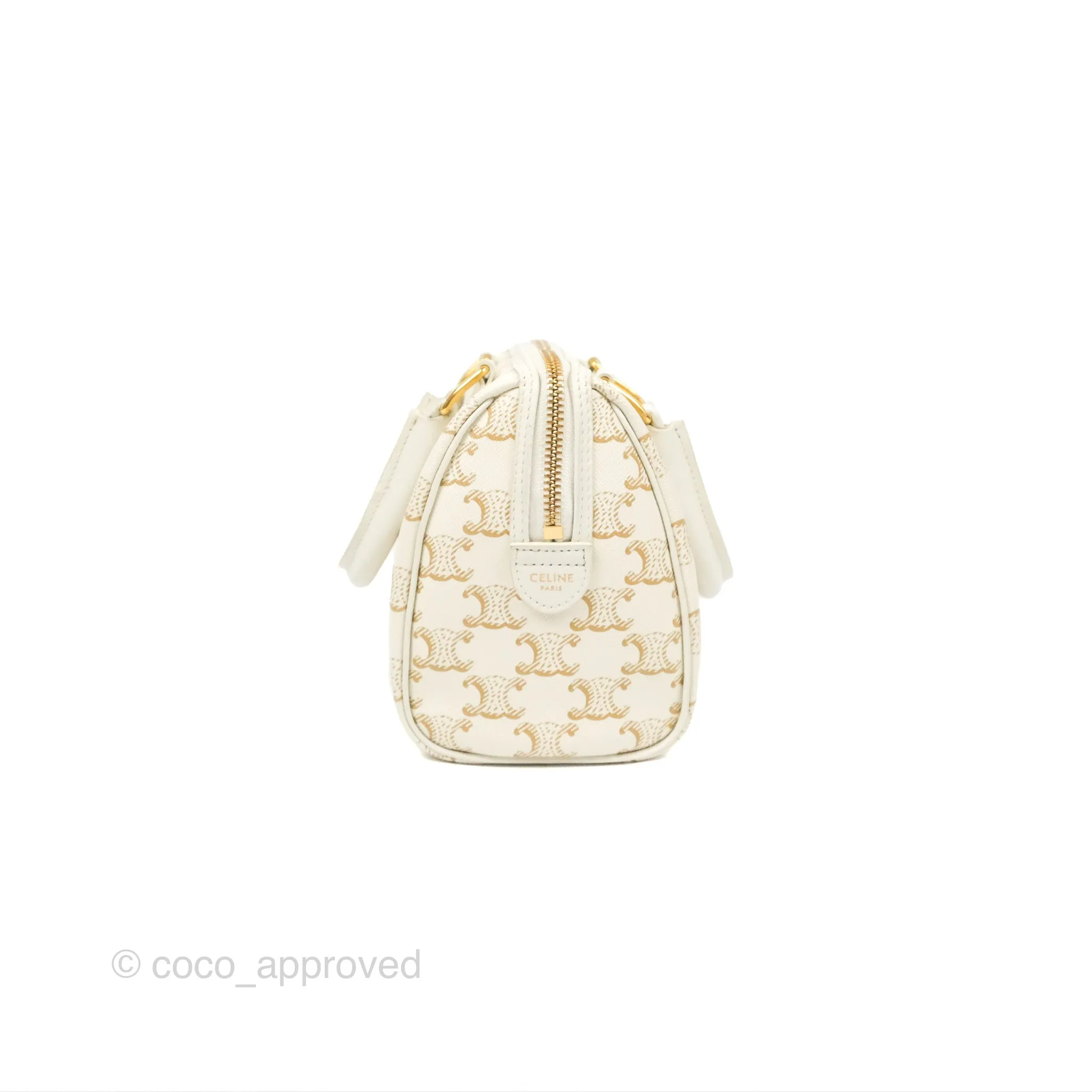 Celine Small Boston Bag White Triomphe Canvas Calfskin