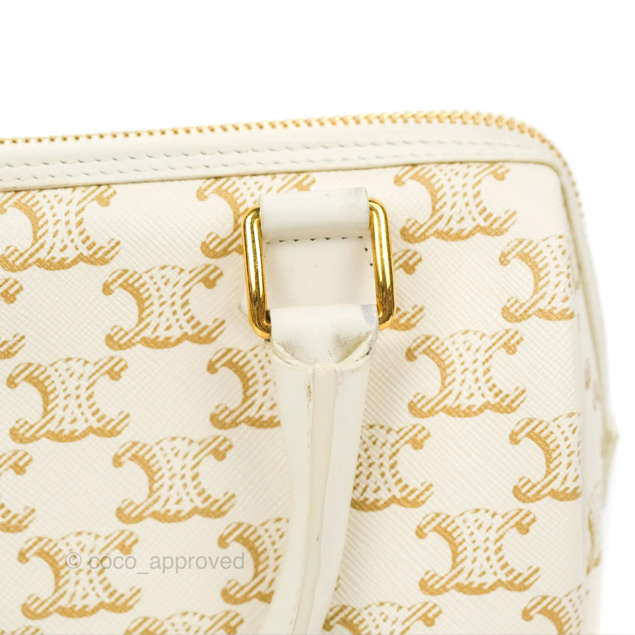 Celine Small Boston Bag White Triomphe Canvas Calfskin