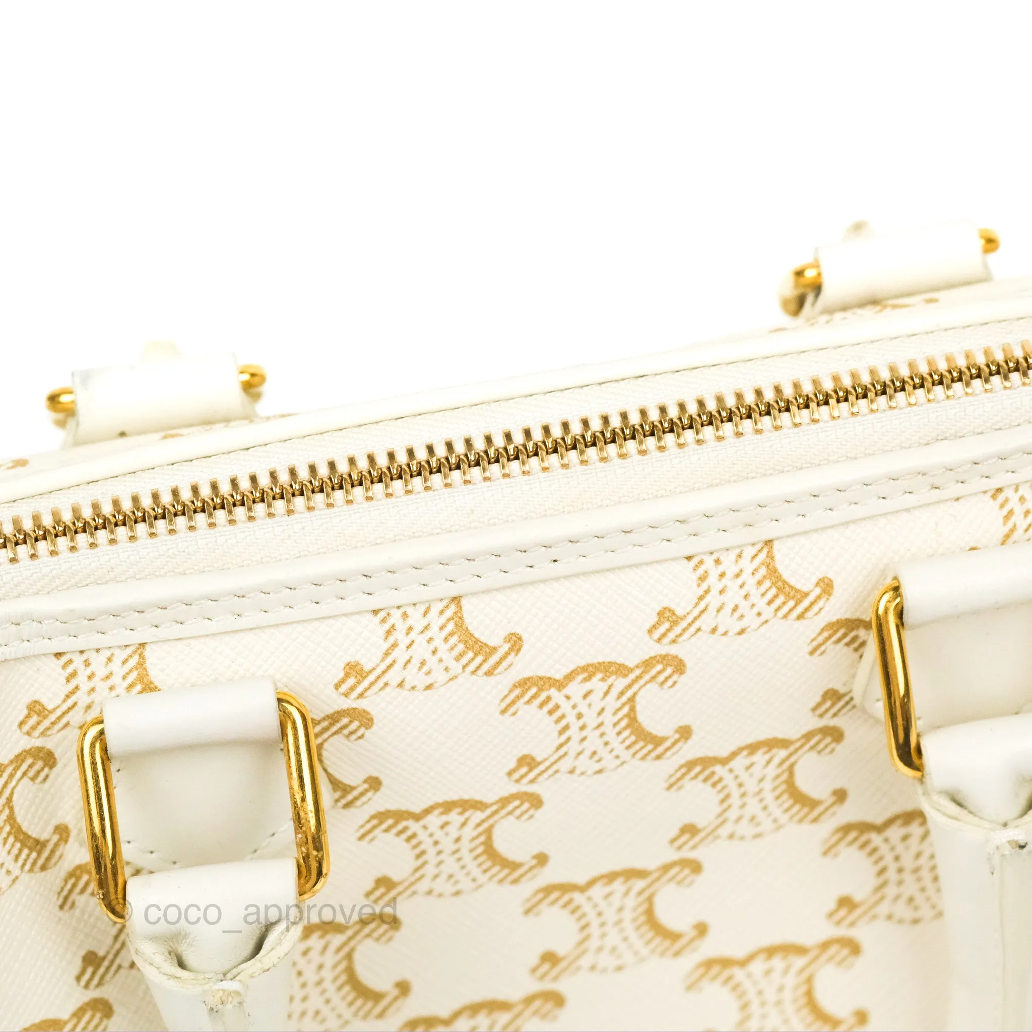 Celine Small Boston Bag White Triomphe Canvas Calfskin