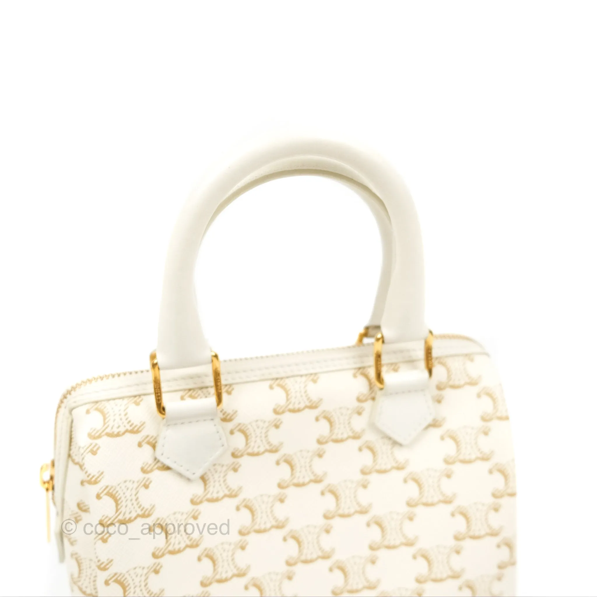 Celine Small Boston Bag White Triomphe Canvas Calfskin