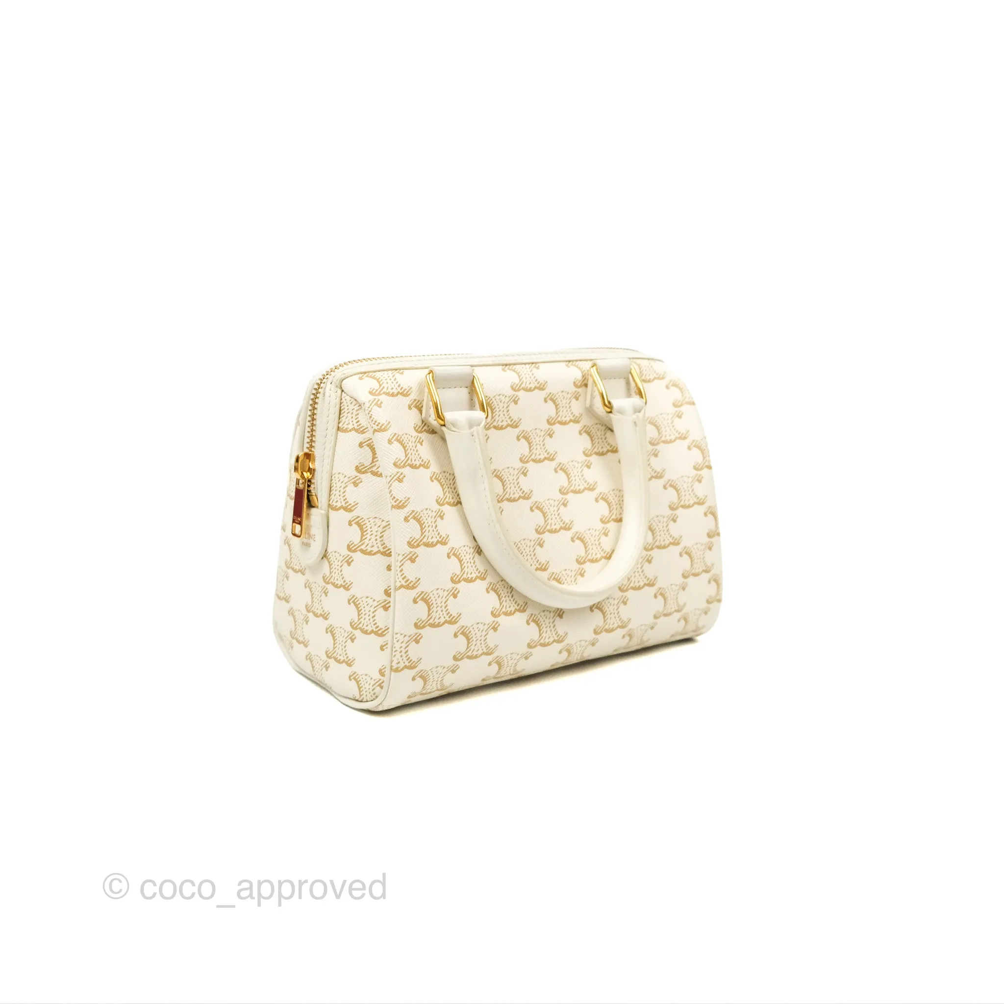 Celine Small Boston Bag White Triomphe Canvas Calfskin