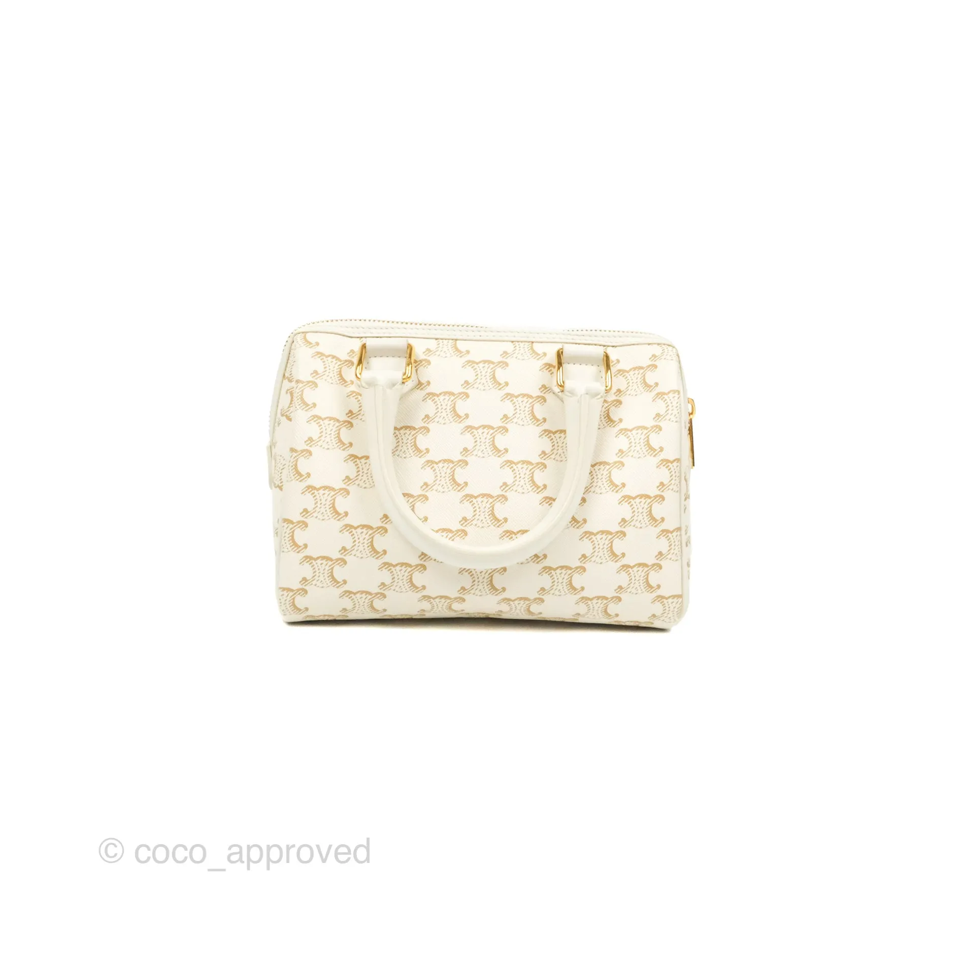 Celine Small Boston Bag White Triomphe Canvas Calfskin