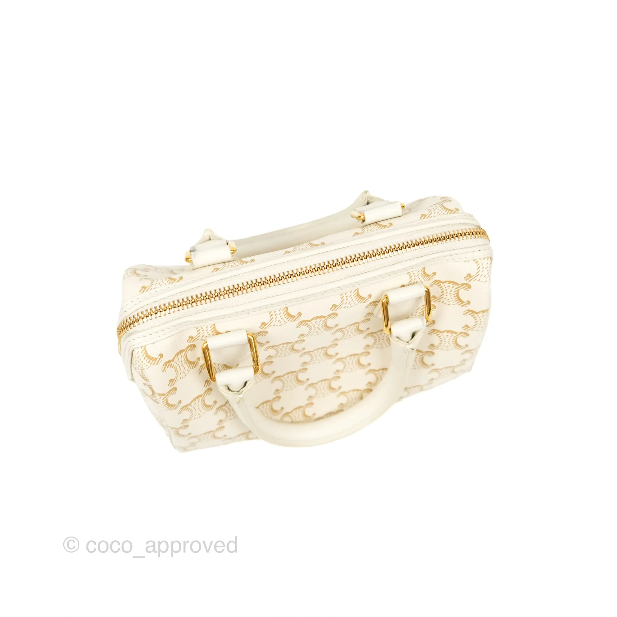 Celine Small Boston Bag White Triomphe Canvas Calfskin