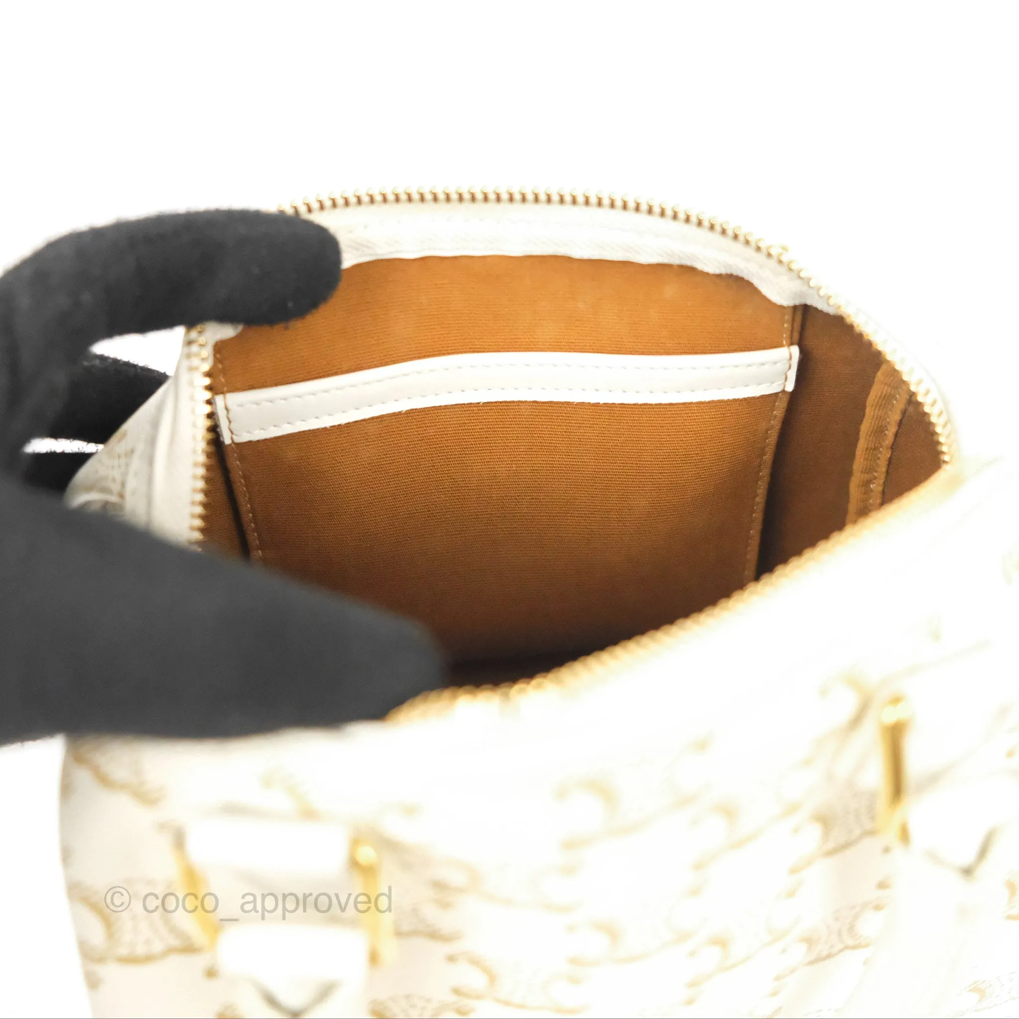Celine Small Boston Bag White Triomphe Canvas Calfskin