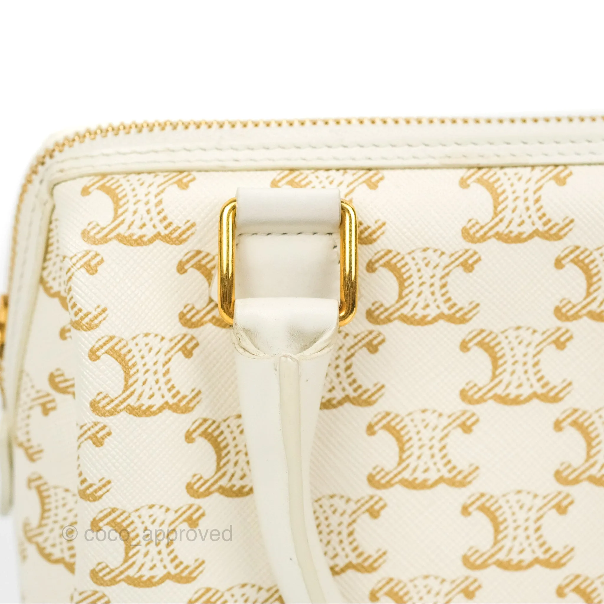 Celine Small Boston Bag White Triomphe Canvas Calfskin