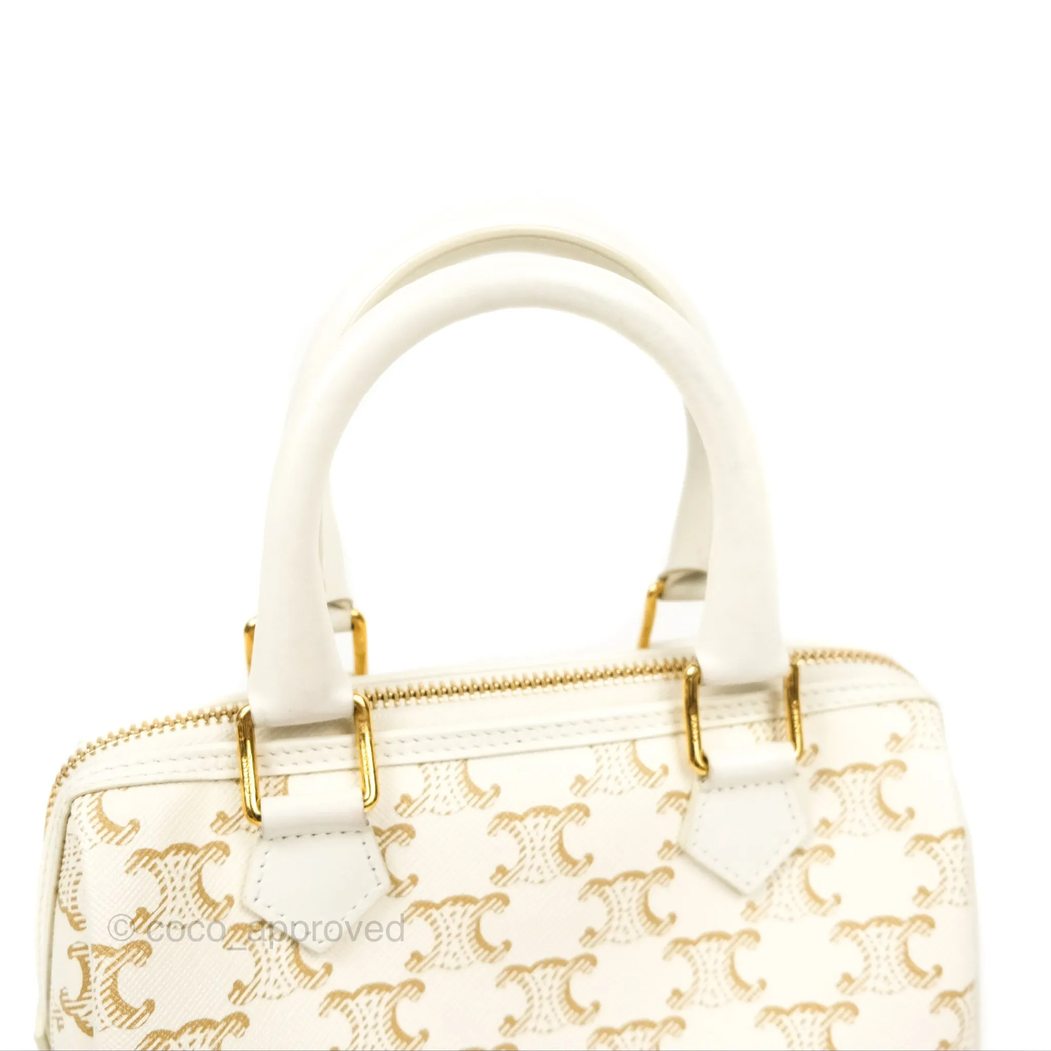 Celine Small Boston Bag White Triomphe Canvas Calfskin