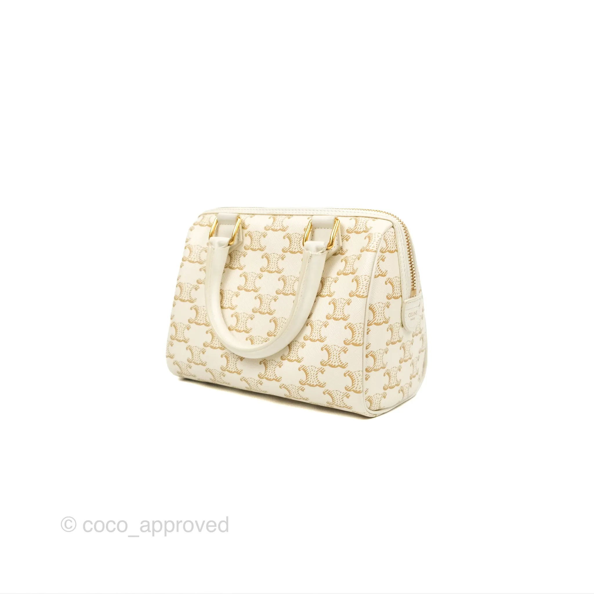 Celine Small Boston Bag White Triomphe Canvas Calfskin