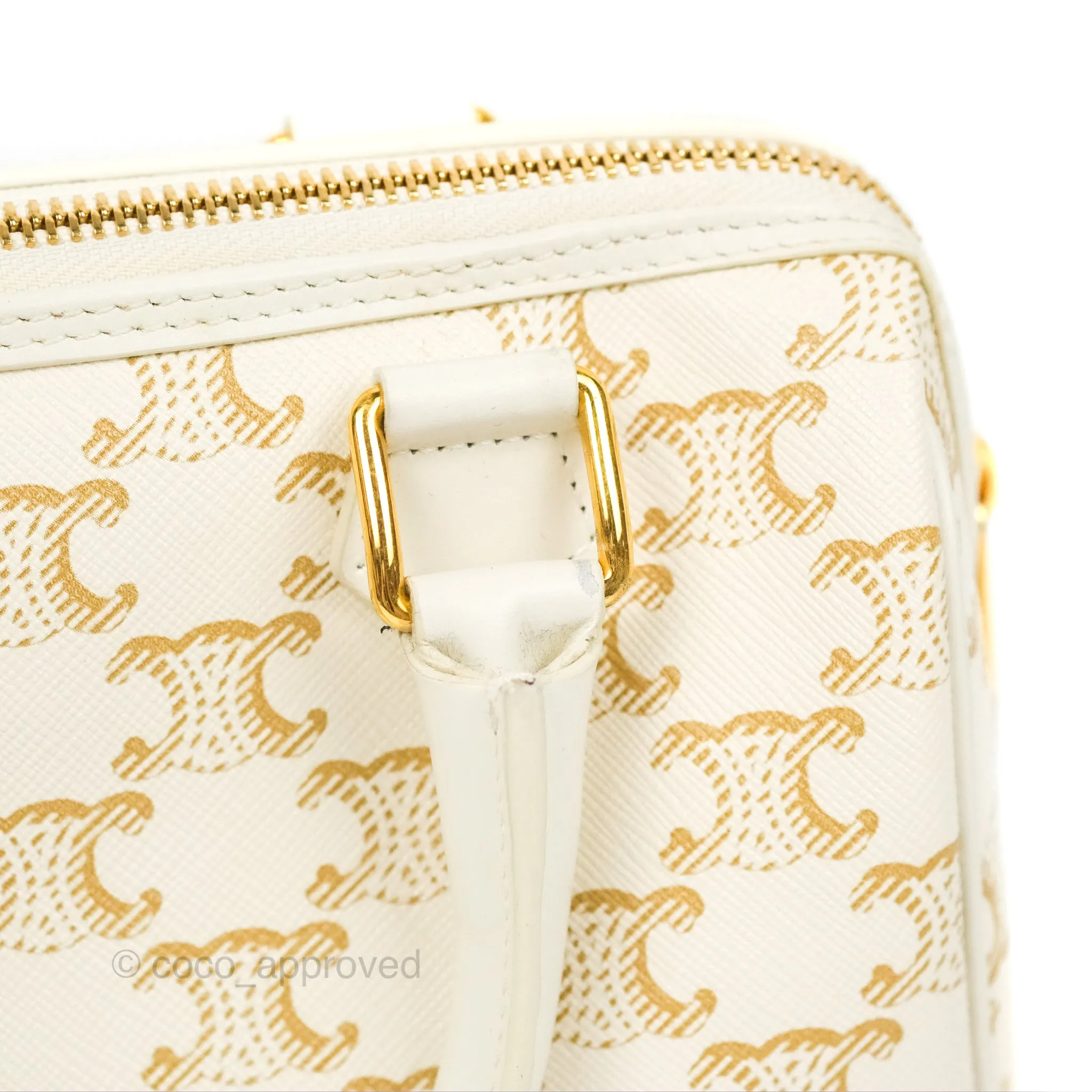 Celine Small Boston Bag White Triomphe Canvas Calfskin