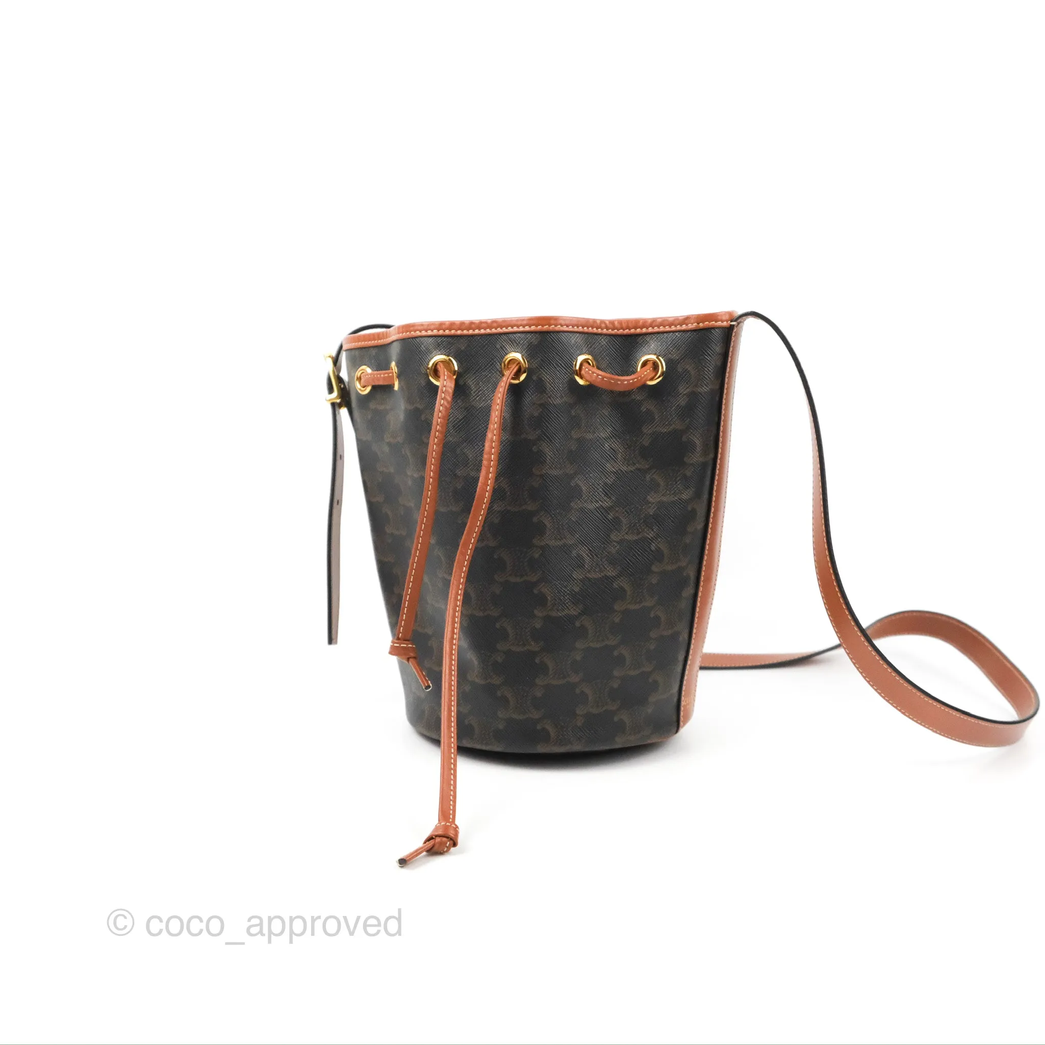 Celine Small Drawstring Bag Triomphe Canvas Tan Calfskin