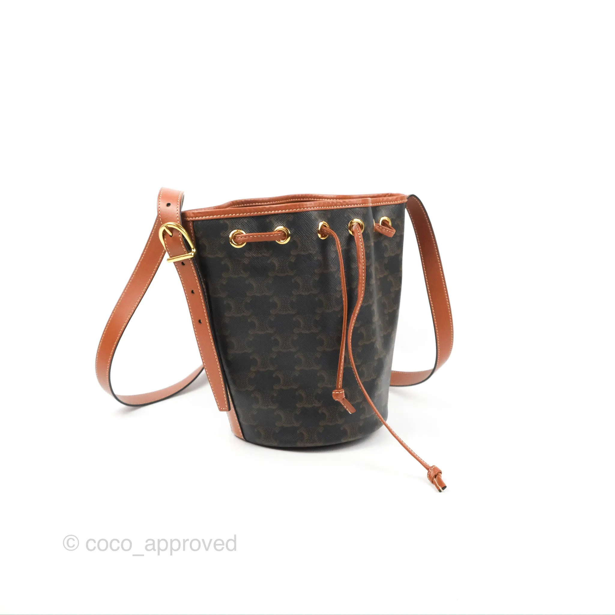 Celine Small Drawstring Bag Triomphe Canvas Tan Calfskin