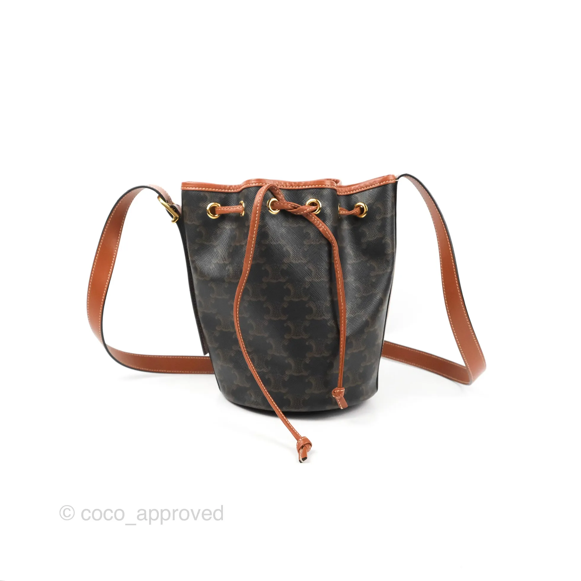 Celine Small Drawstring Bag Triomphe Canvas Tan Calfskin