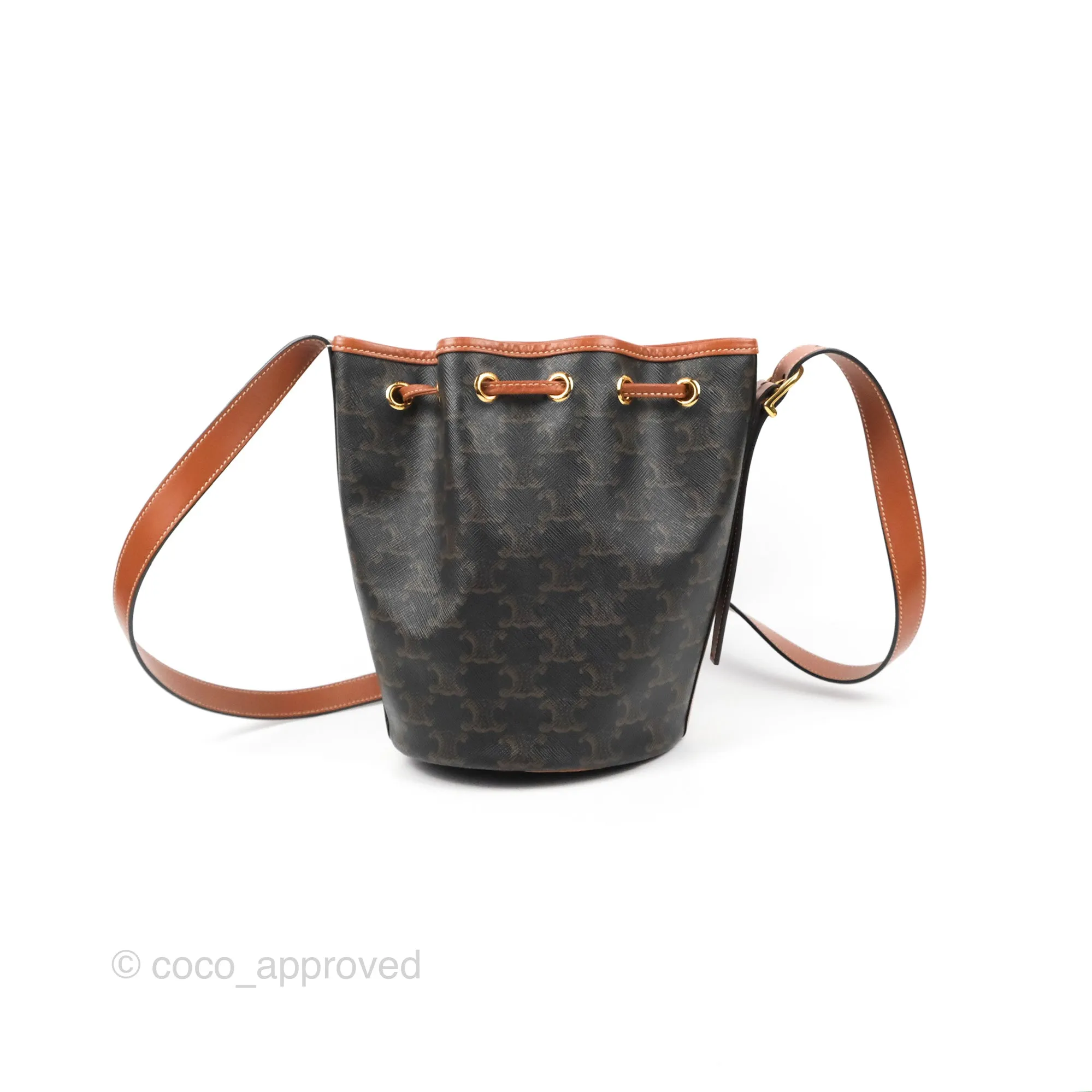Celine Small Drawstring Bag Triomphe Canvas Tan Calfskin