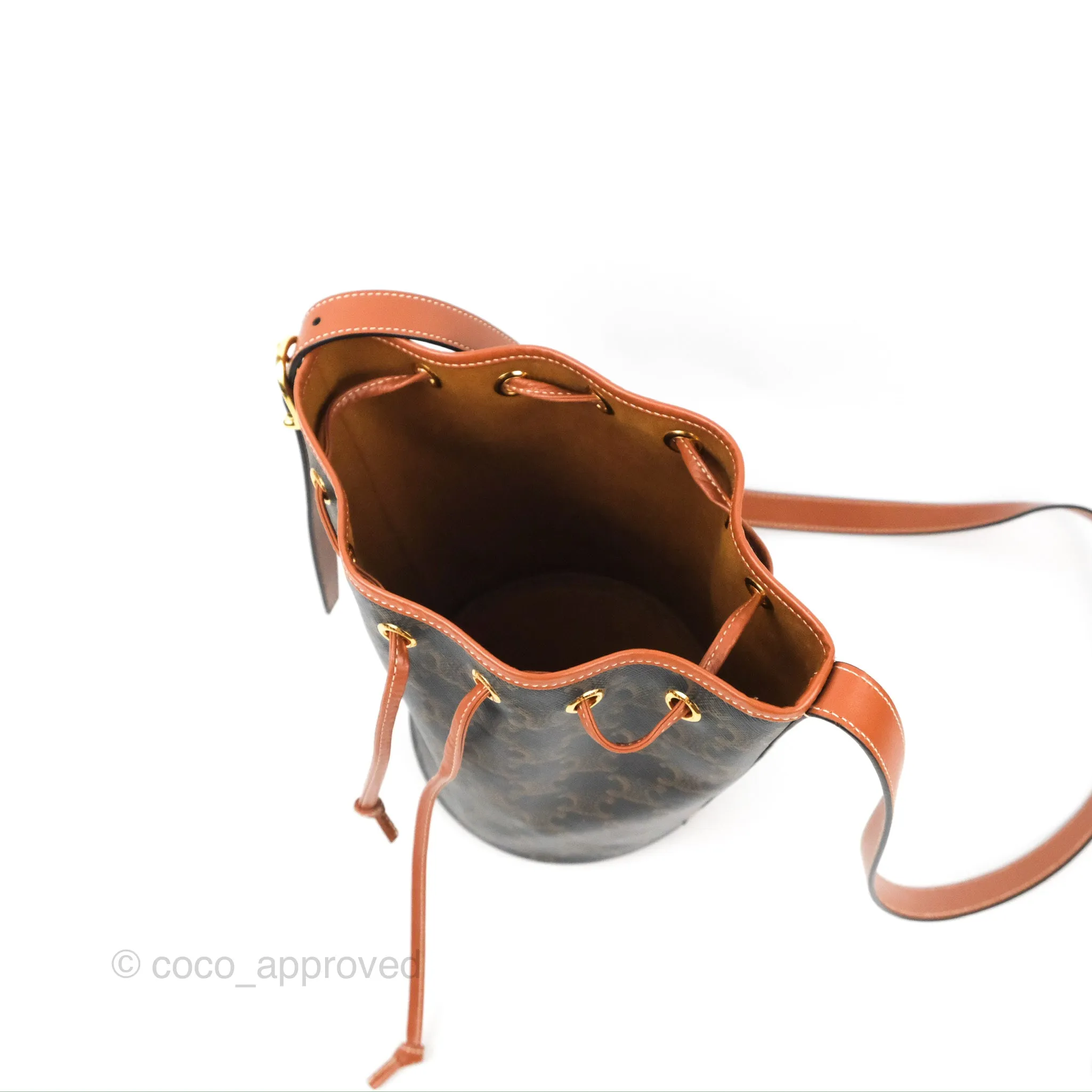 Celine Small Drawstring Bag Triomphe Canvas Tan Calfskin